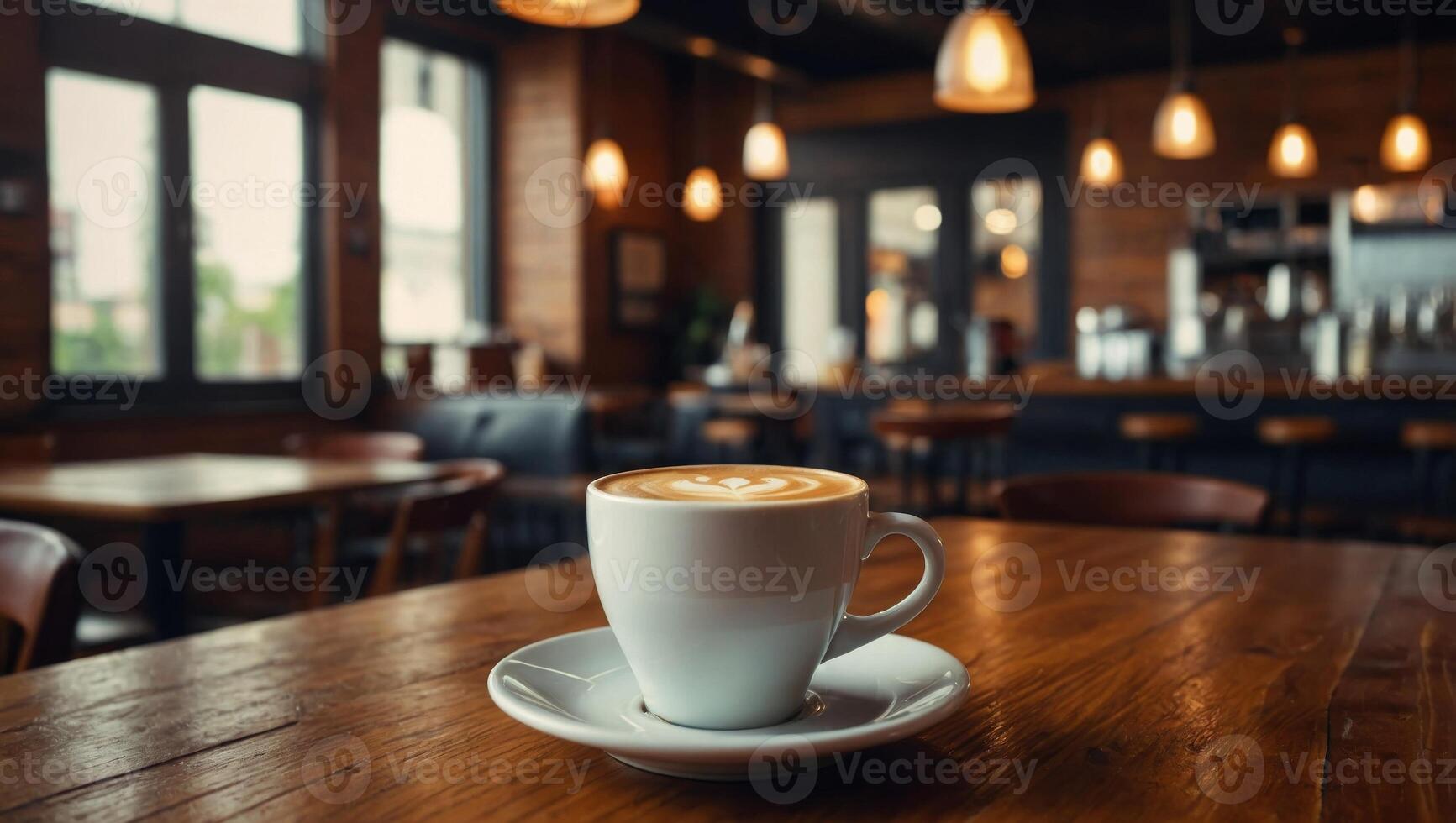 Coffee drink on wooden table with blur cafeteria as background. photo