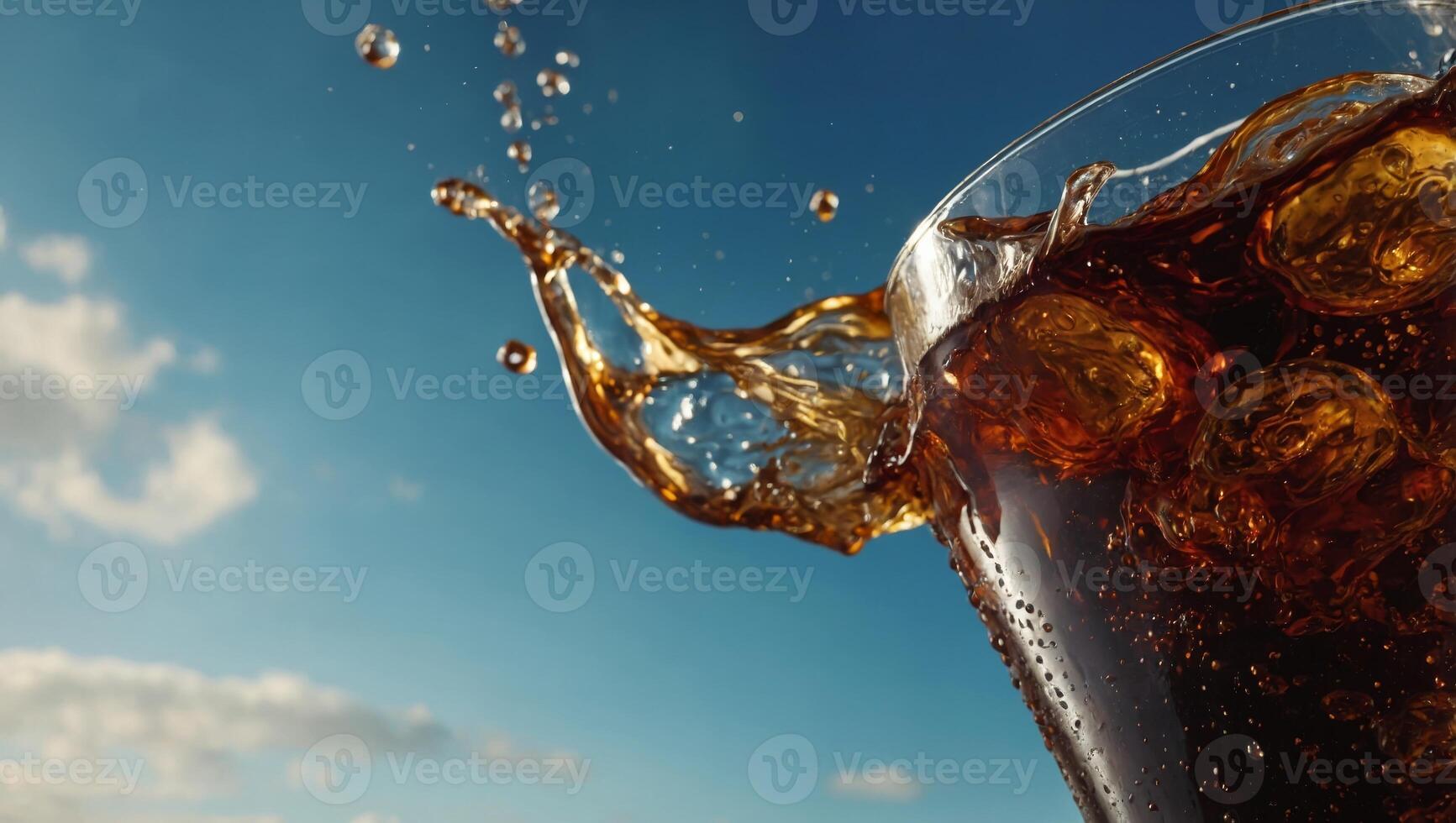 Cola is pouring into glass on sky background. photo