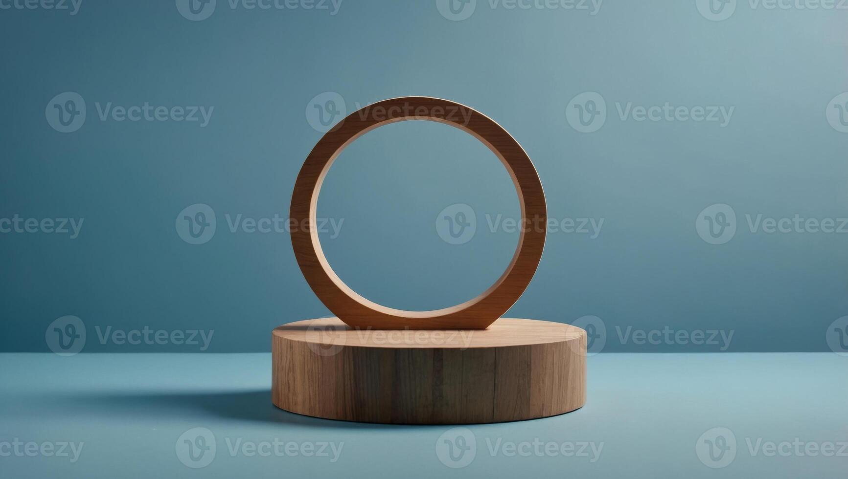Creative minimal concept Wooden wood round block podium on light blue background Mock up template for product presentation copy text space. photo