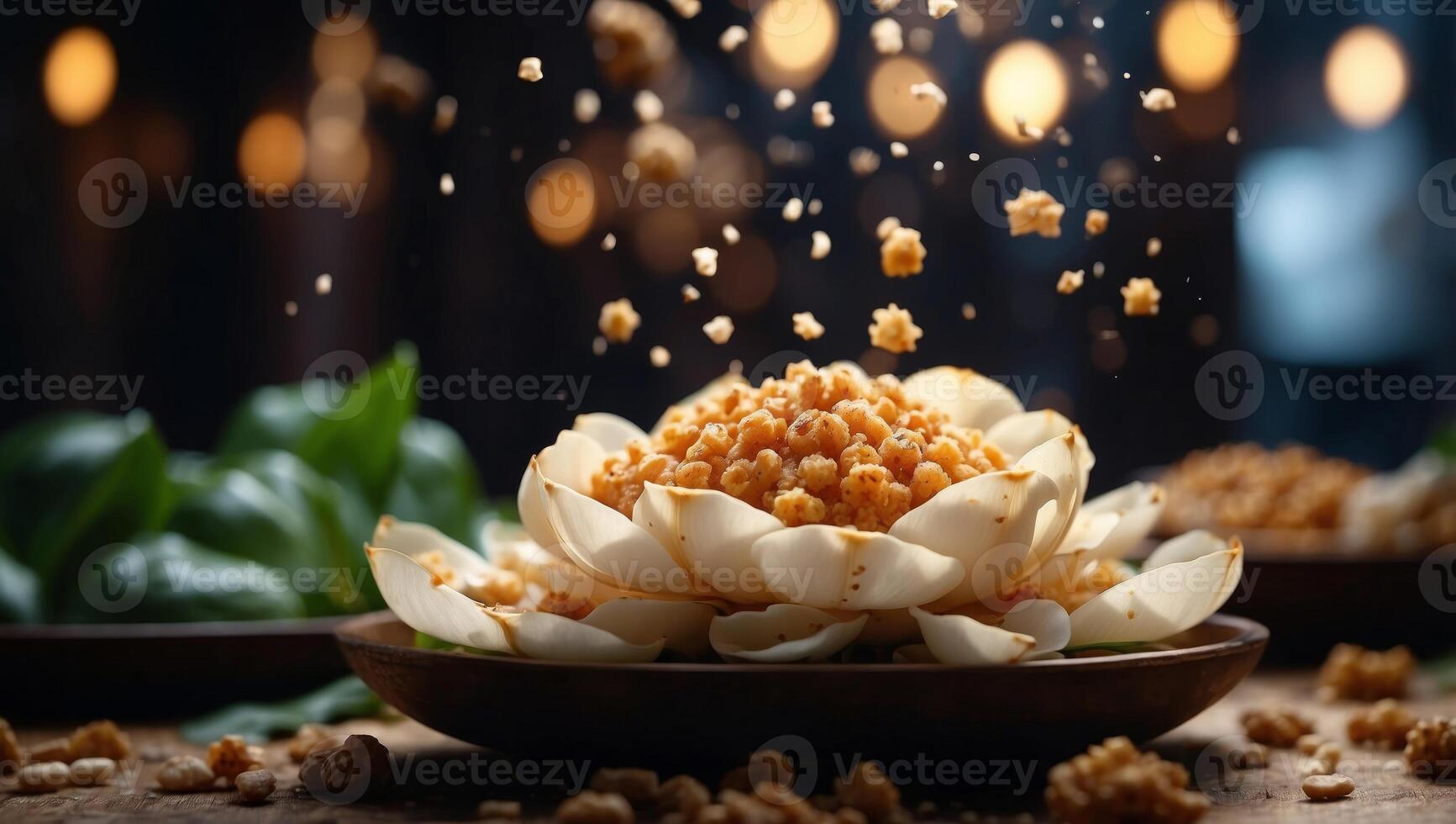 Crunchy Fresh Lotus Root A Star Ingredient in Asian Cuisine Double Exposure Silhouette with Exotic Dishes. photo