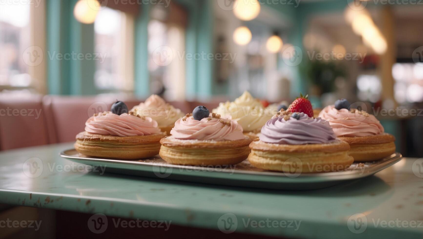 D Rendered Traditional Pastries with a Modern Twist Floating over a Vintage Pastel Cafe Interior. photo