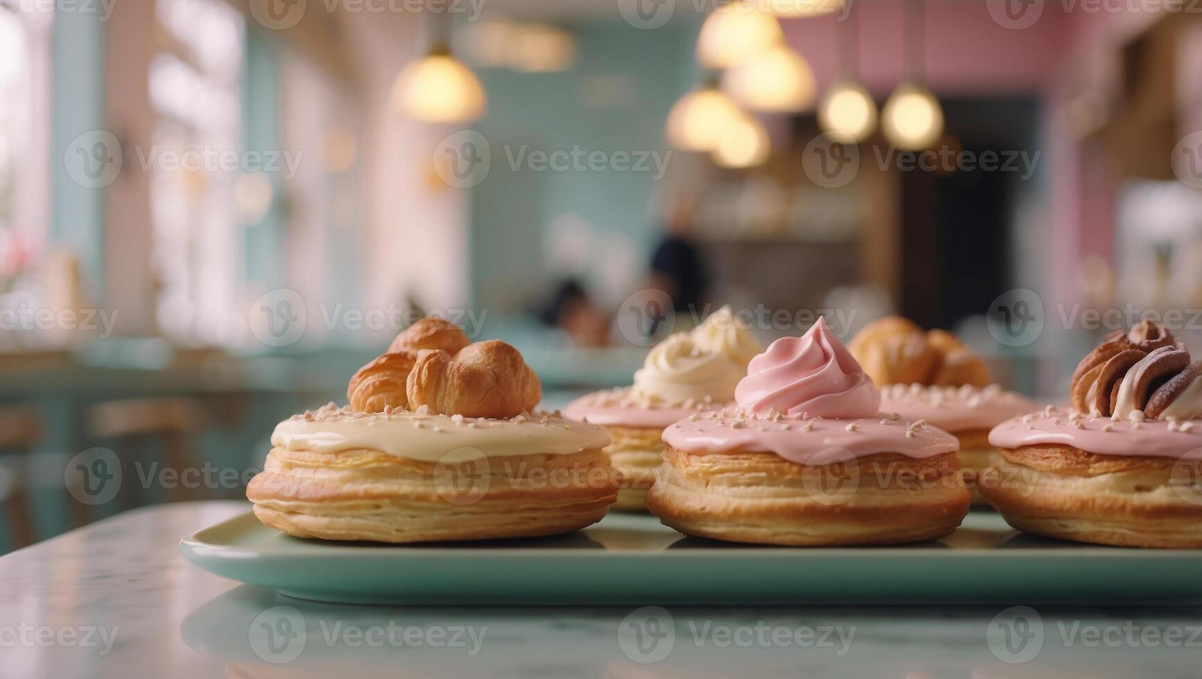 D Rendered Traditional Pastries with a Modern Twist Floating over a Vintage Pastel Cafe Interior. photo