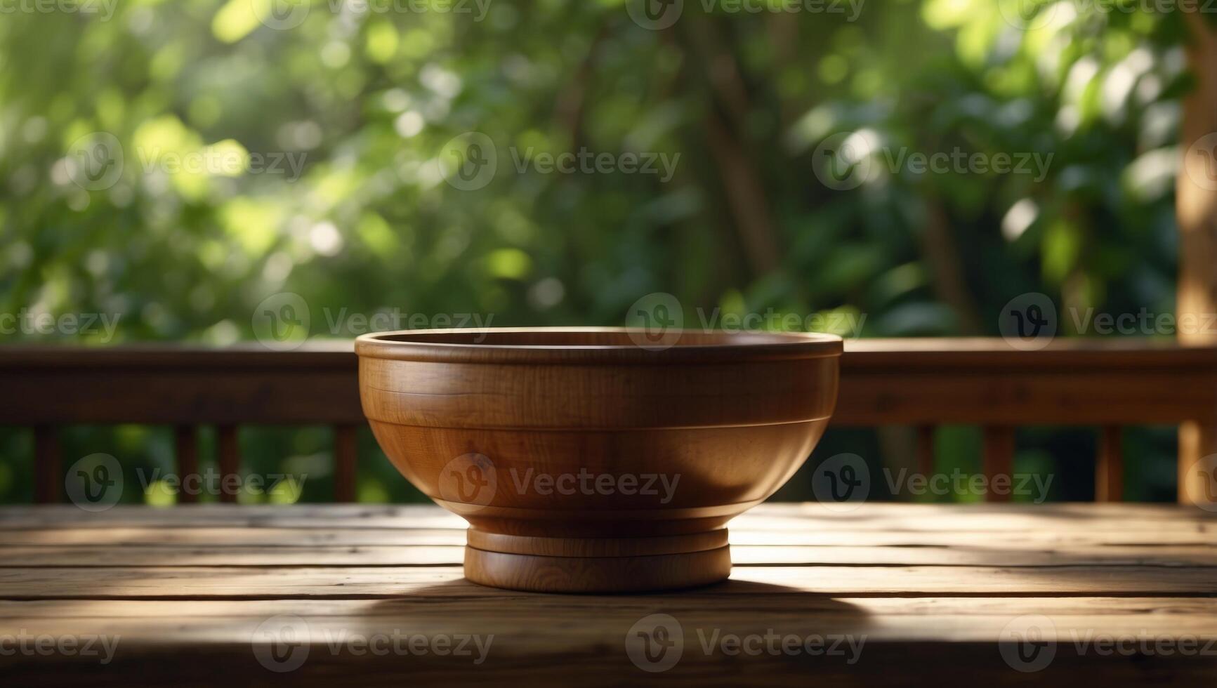 D Rendered Wooden Table Basks in Soft Natural Sunlight Amid Lush Green Leaves. photo