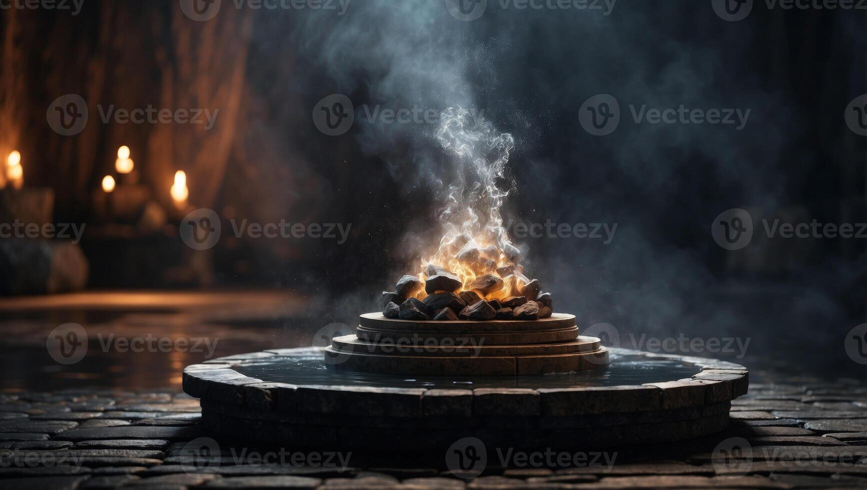 Dark stone product podium display around water and smoke. photo