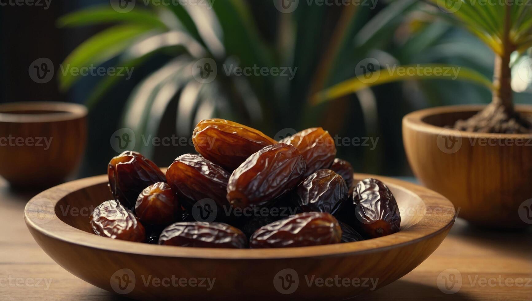 Dates or dattes palm fruit in wooden bowl is snack healthy. photo
