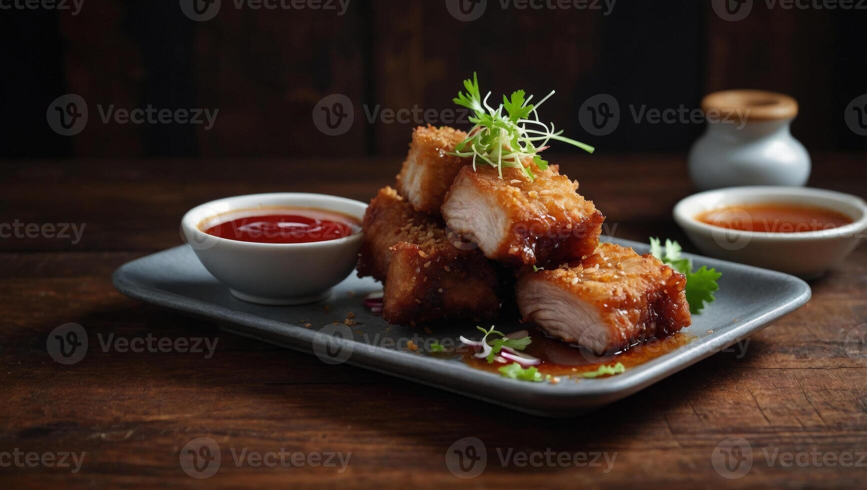 Deep Fried Crispy Pork Belly Cooked with Garlic and spicy dipping sauce on wooden table background. photo