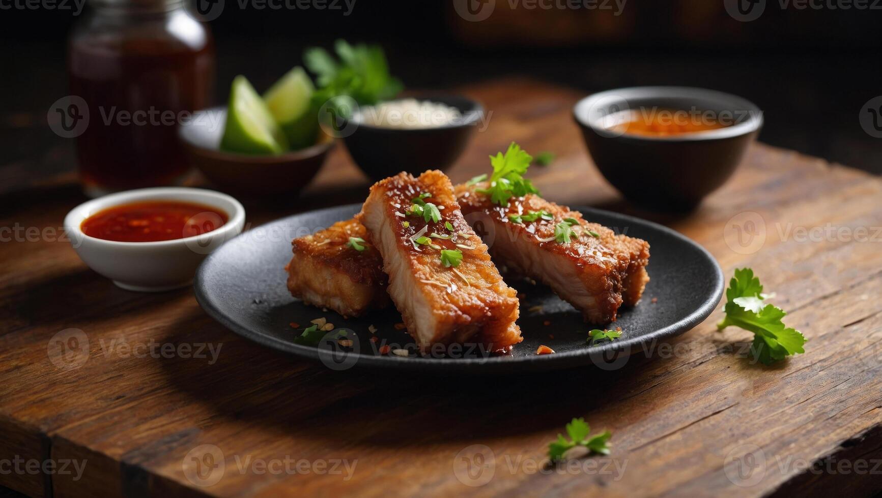 Deep Fried Crispy Pork Belly Cooked with Garlic and spicy dipping sauce on wooden table background. photo