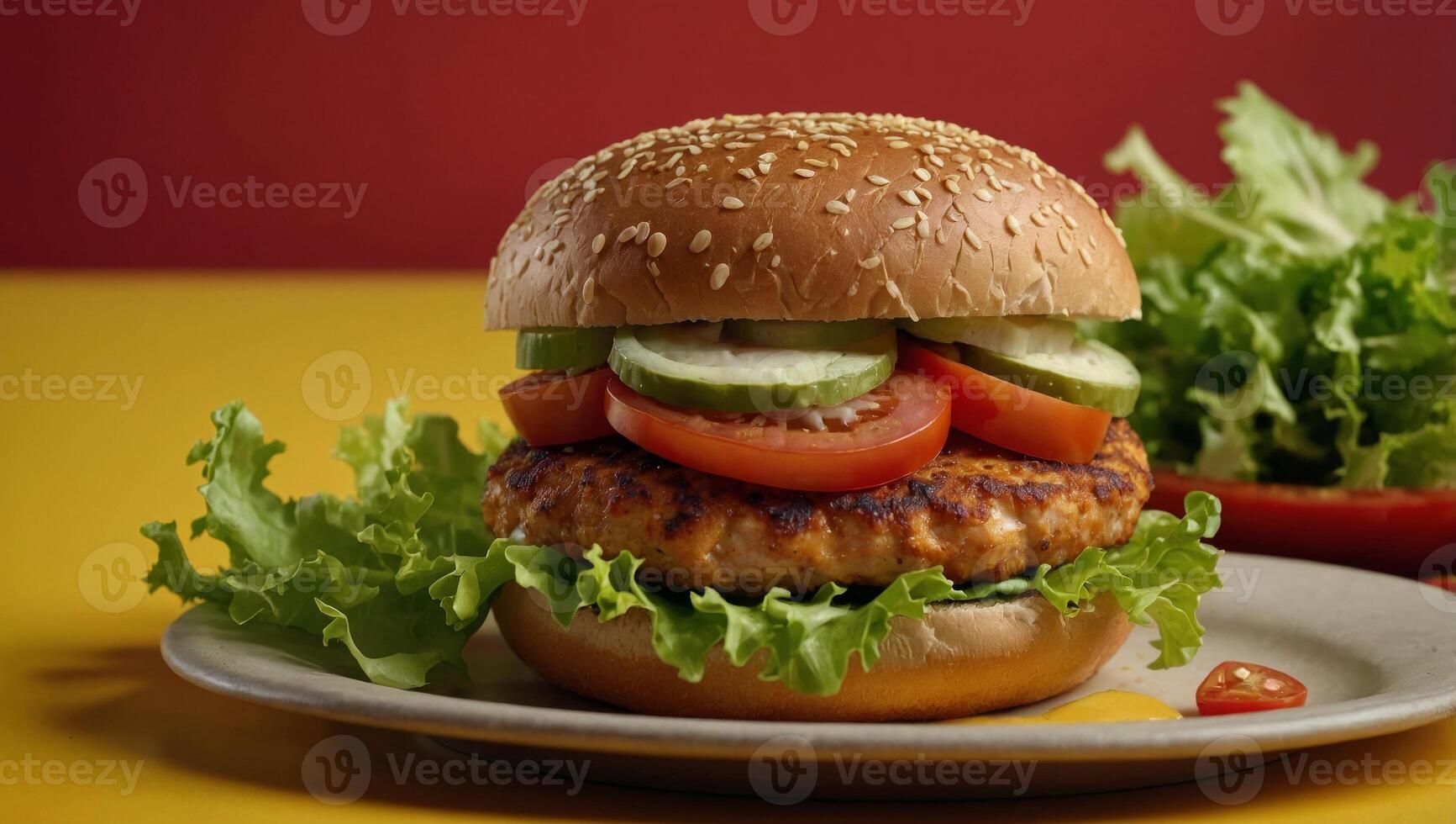 Delicious fish burger with tomatoes, cheese slices and fresh lettuce on yellow and red background. photo
