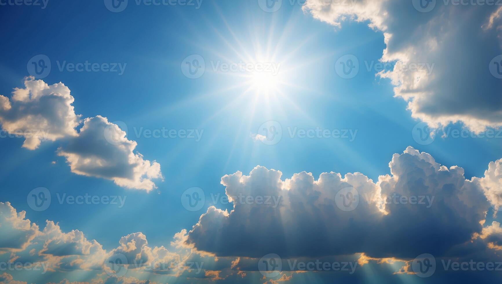 Divine presence Blue sky background with clouds and sun rays. photo