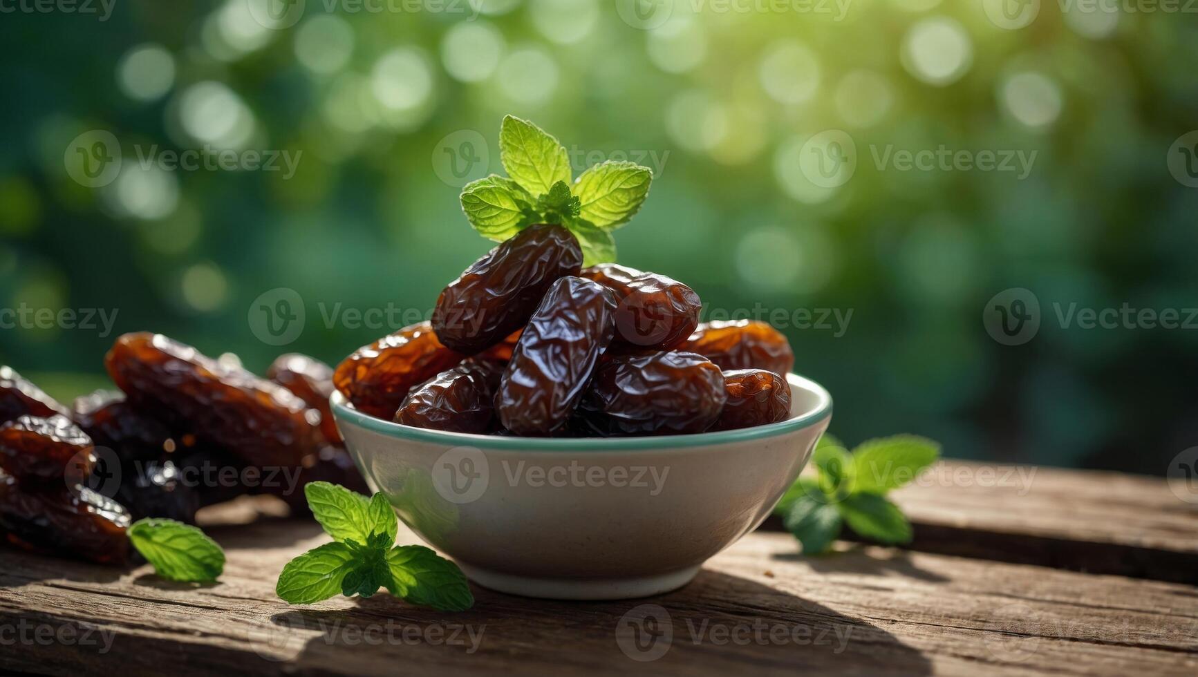 Dried date and green mint in a bowl on old wooden table close up selective focus, bokeh, copy space. photo