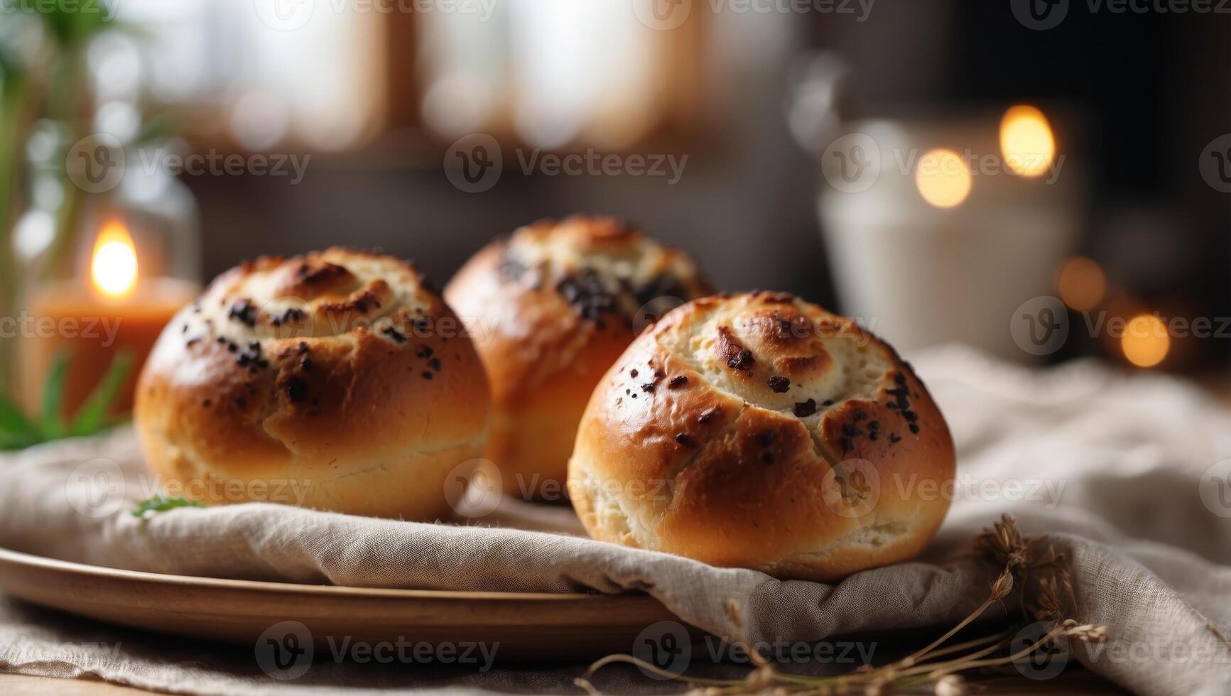 Easter Good Friday Freshly baked buns on a linen napkin Selective focus. photo