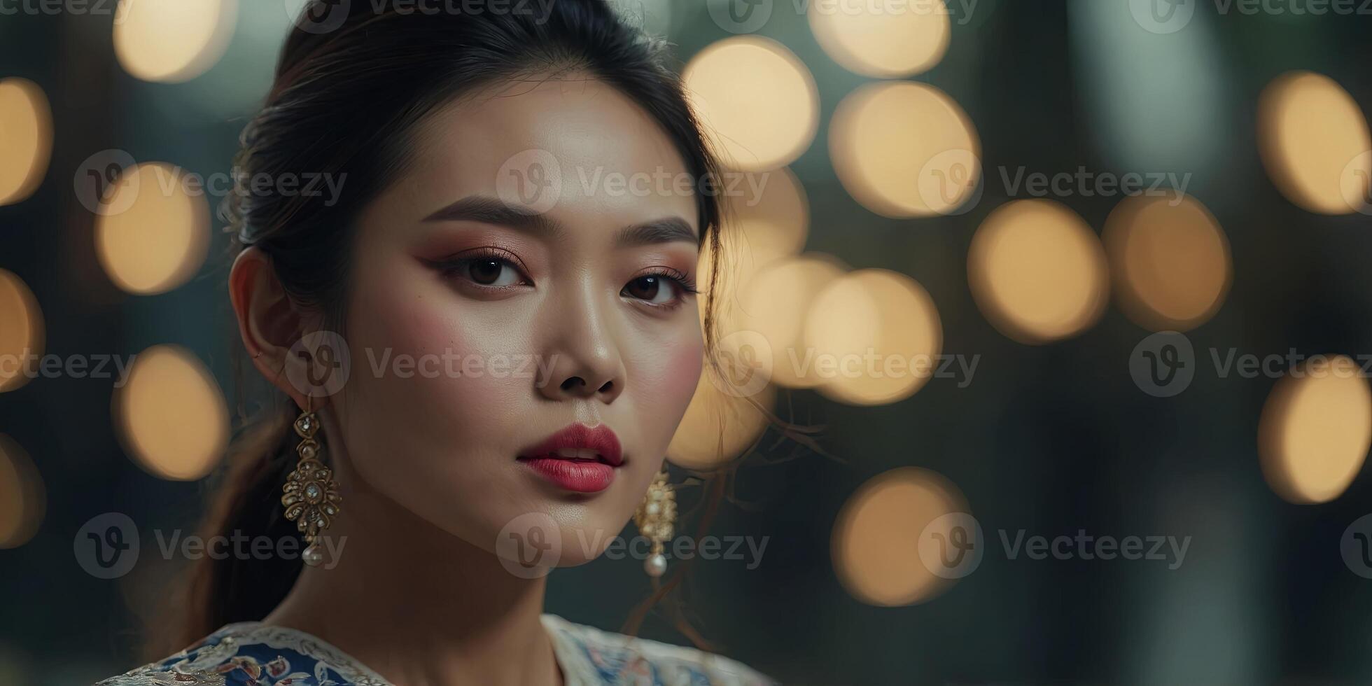 Elegant Vietnamese Model Radiating Beauty with Professional Makeup for Cosmetic Advertising. photo