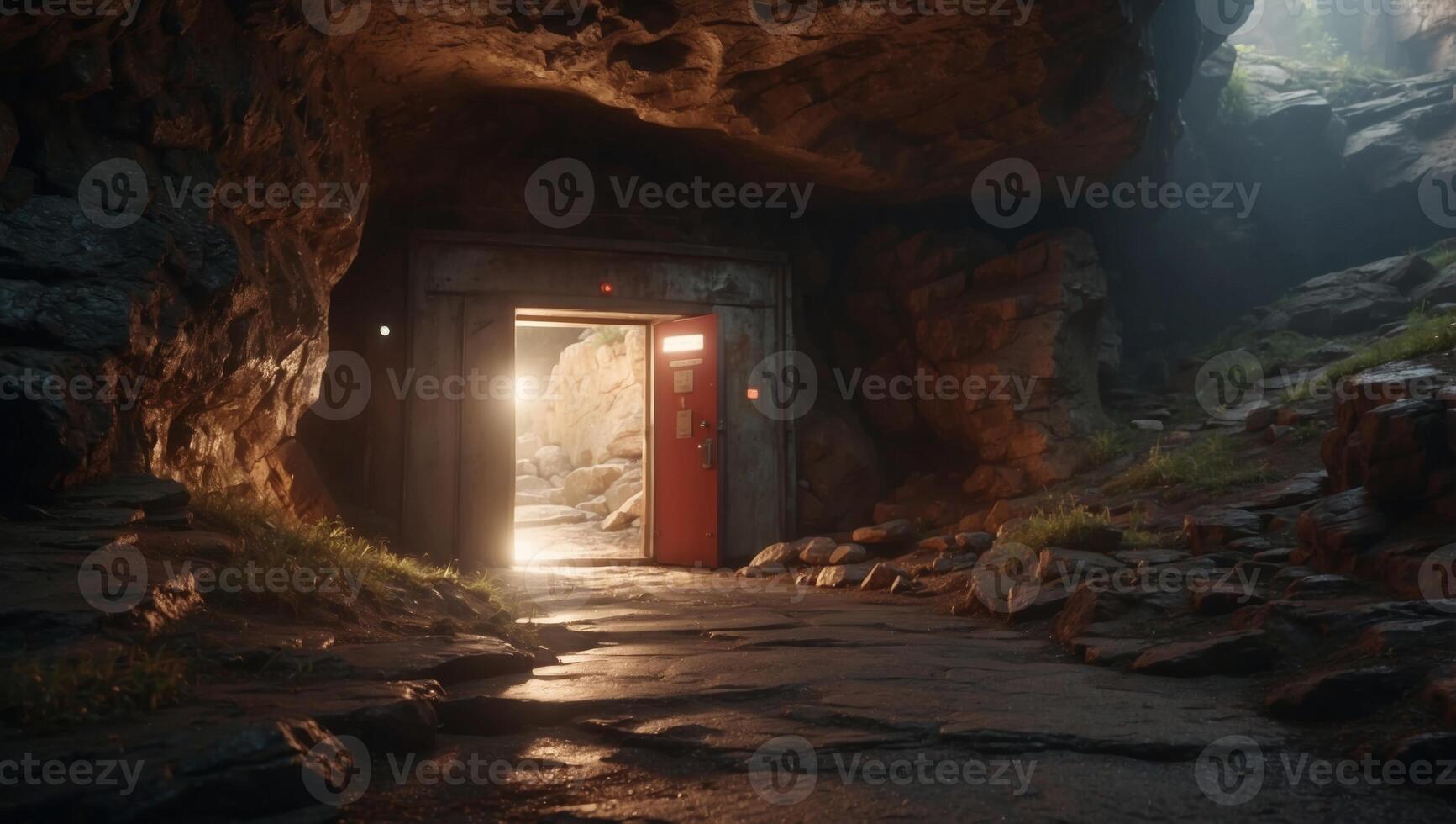 Emergency Exit Revealed The Hidden Cave Passage Illuminated by Security Breach Alarm. photo