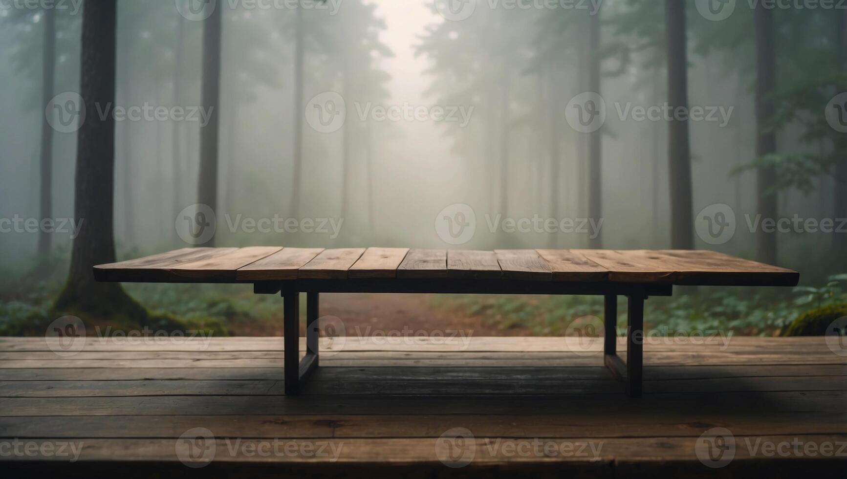 Empty table with foggy forest background Product display montages. photo