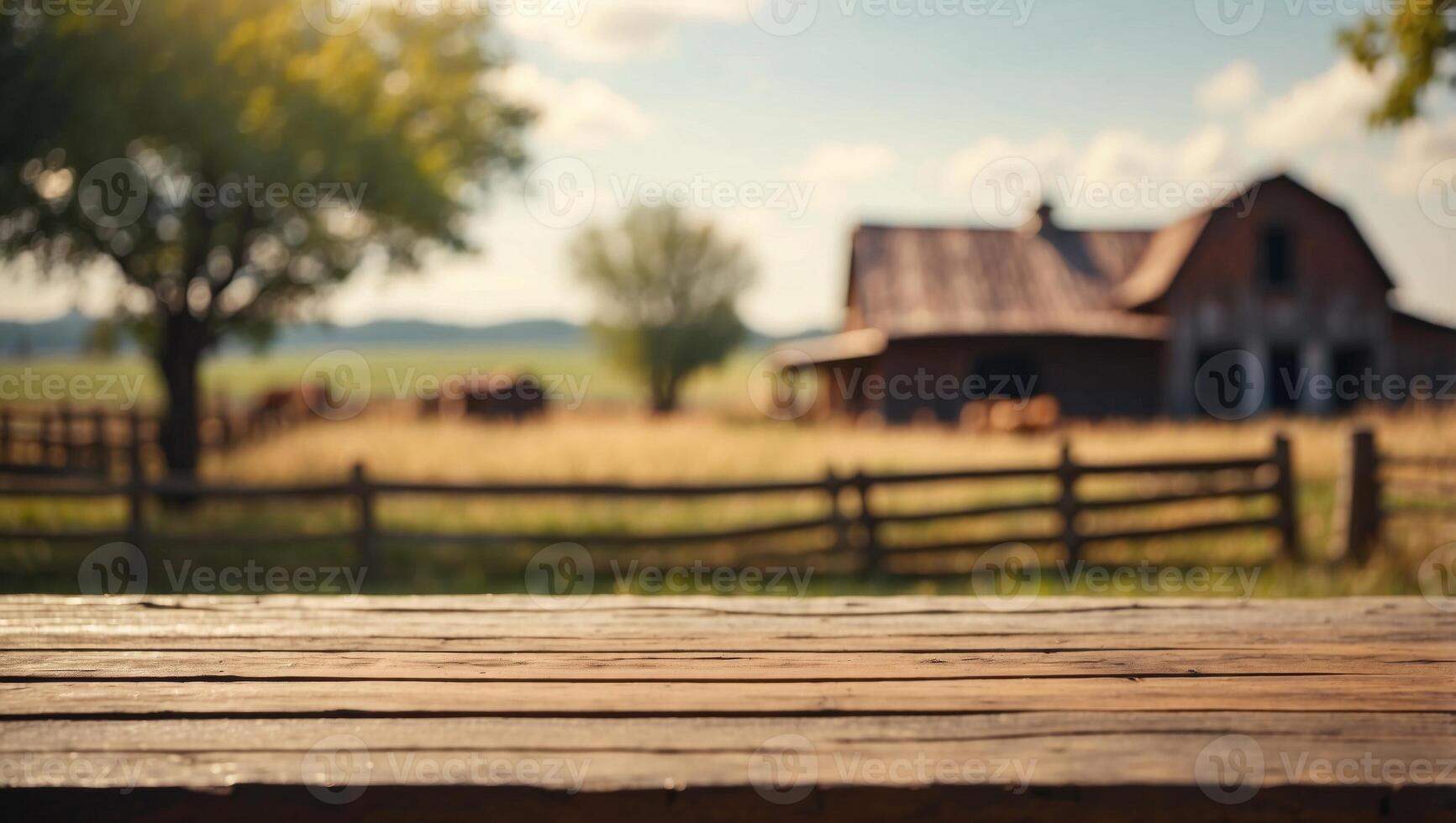 Empty wooden table top with blurred farm and daylight background. photo