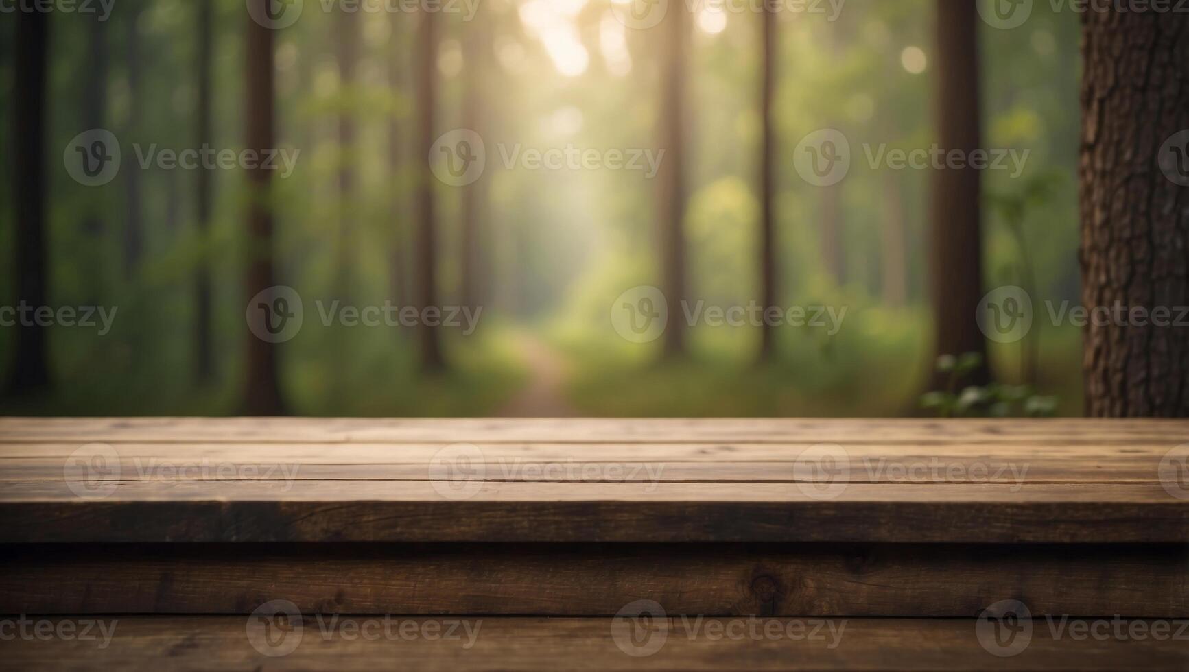 Empty wooden table with forest background Ready for product display montage. photo