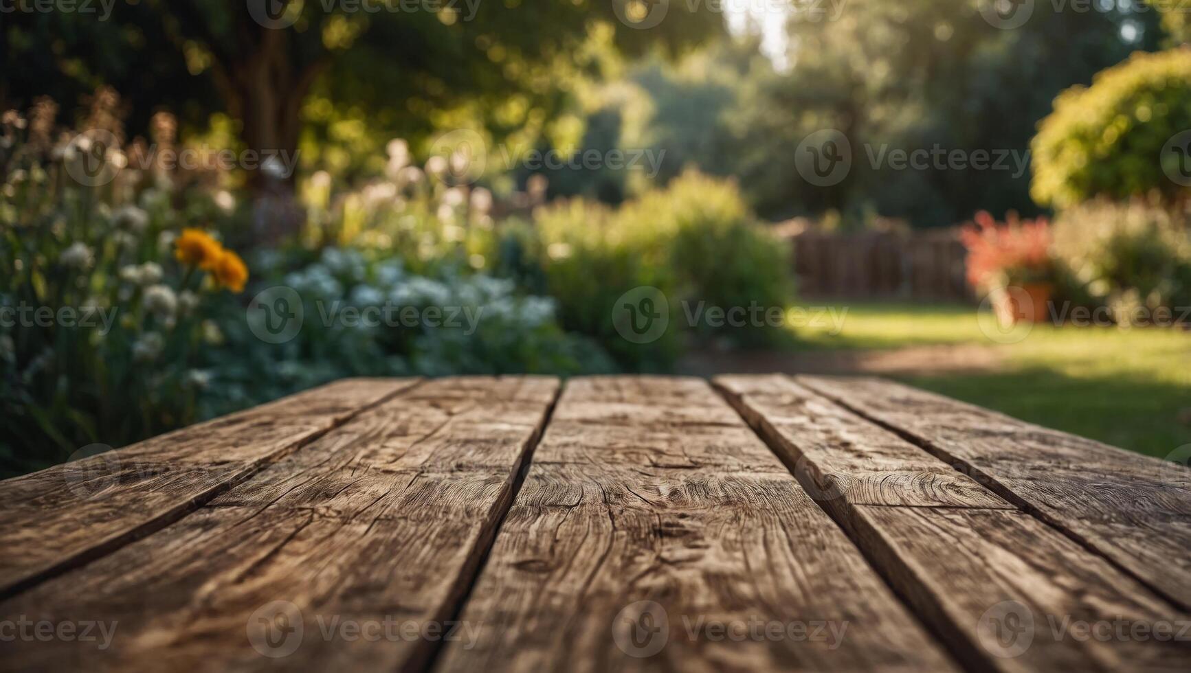 Empty wooden table with garden bokeh for a catering or food background with a country outdoor theme. photo