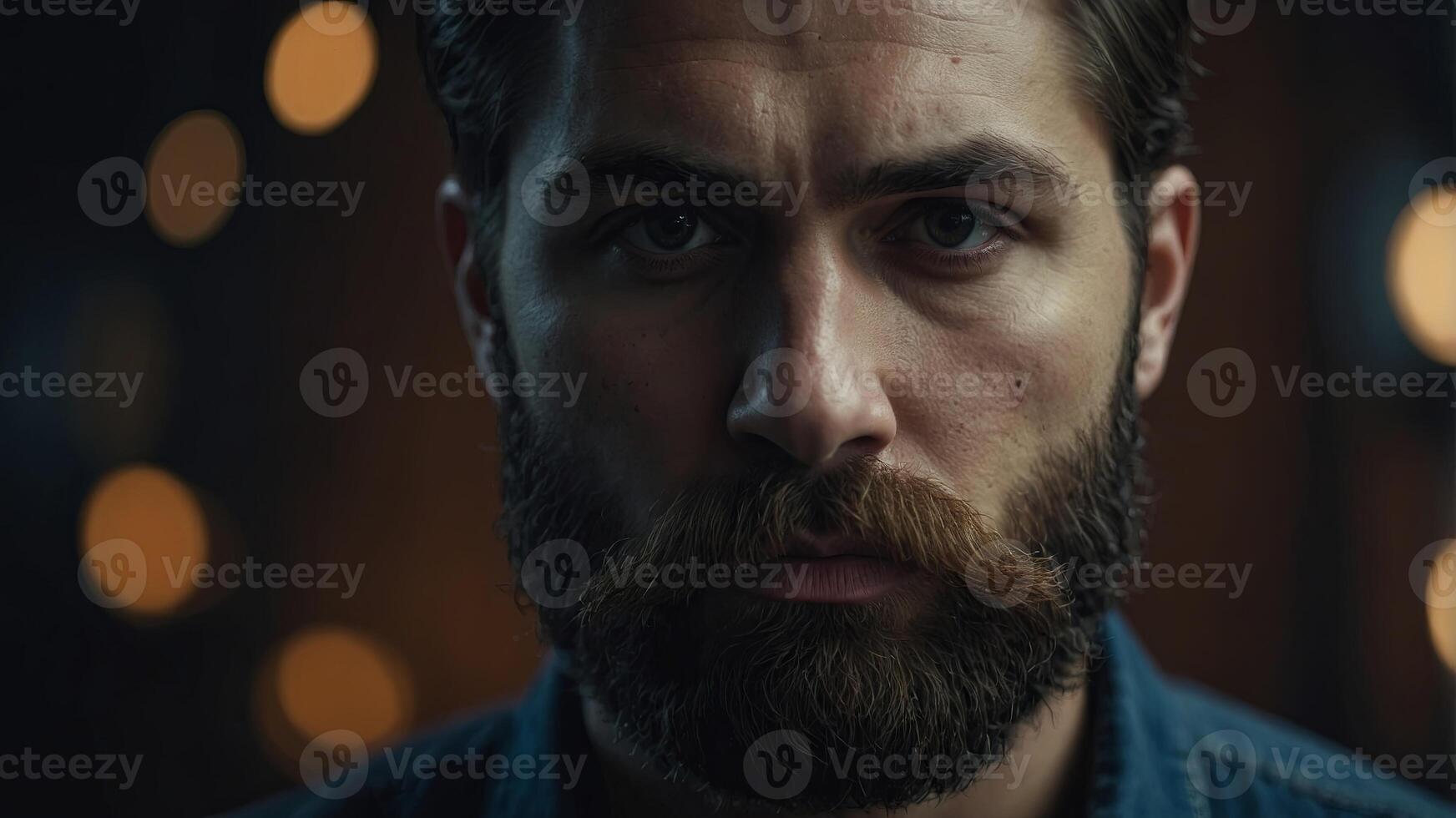Face of a brutal bearded man A handsome, well-groomed young man with a beard and mustache A serious look. photo