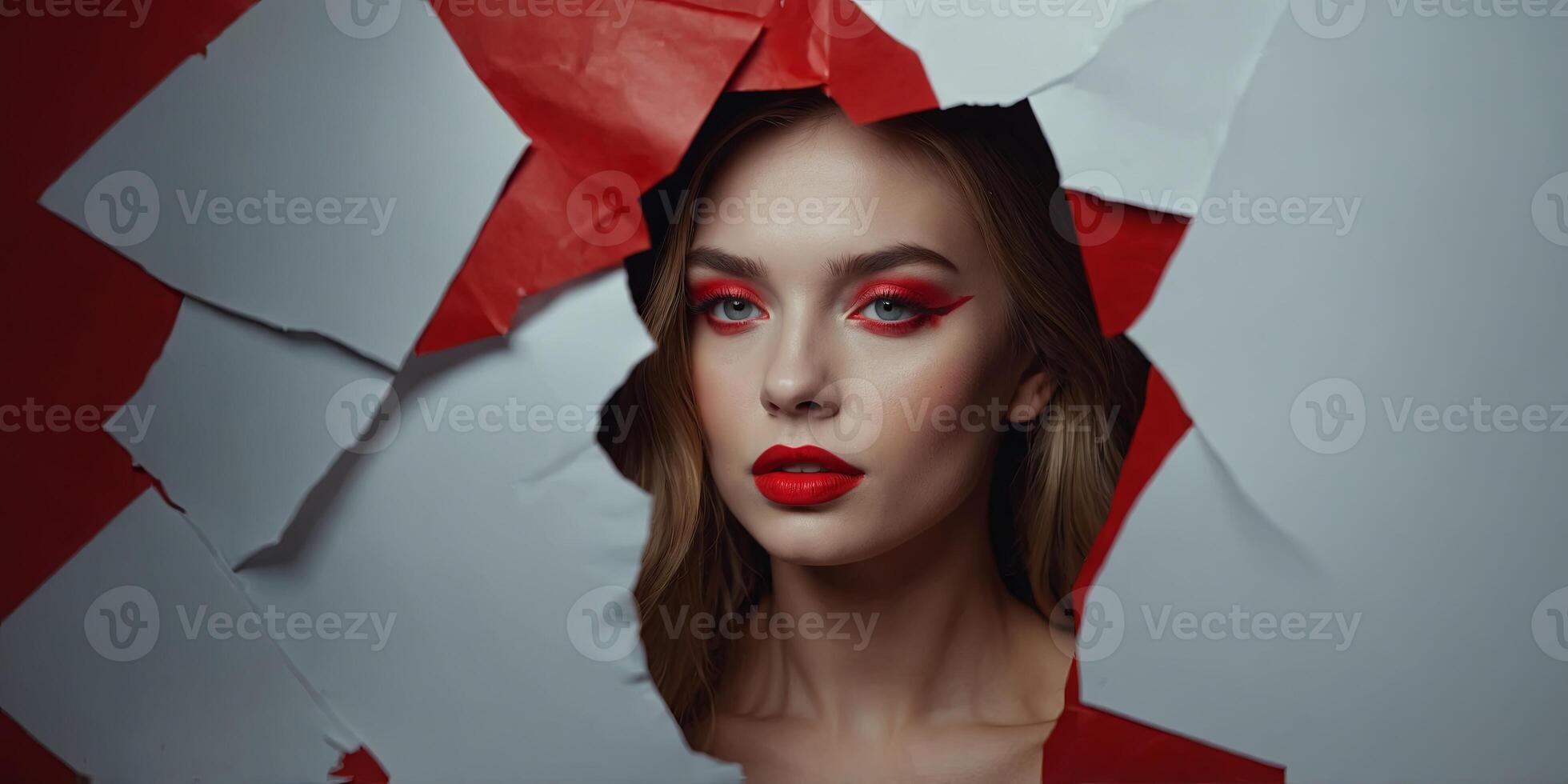 Face of young beautiful girl with a bright make-up and red lips looks through a hole in red paper. photo