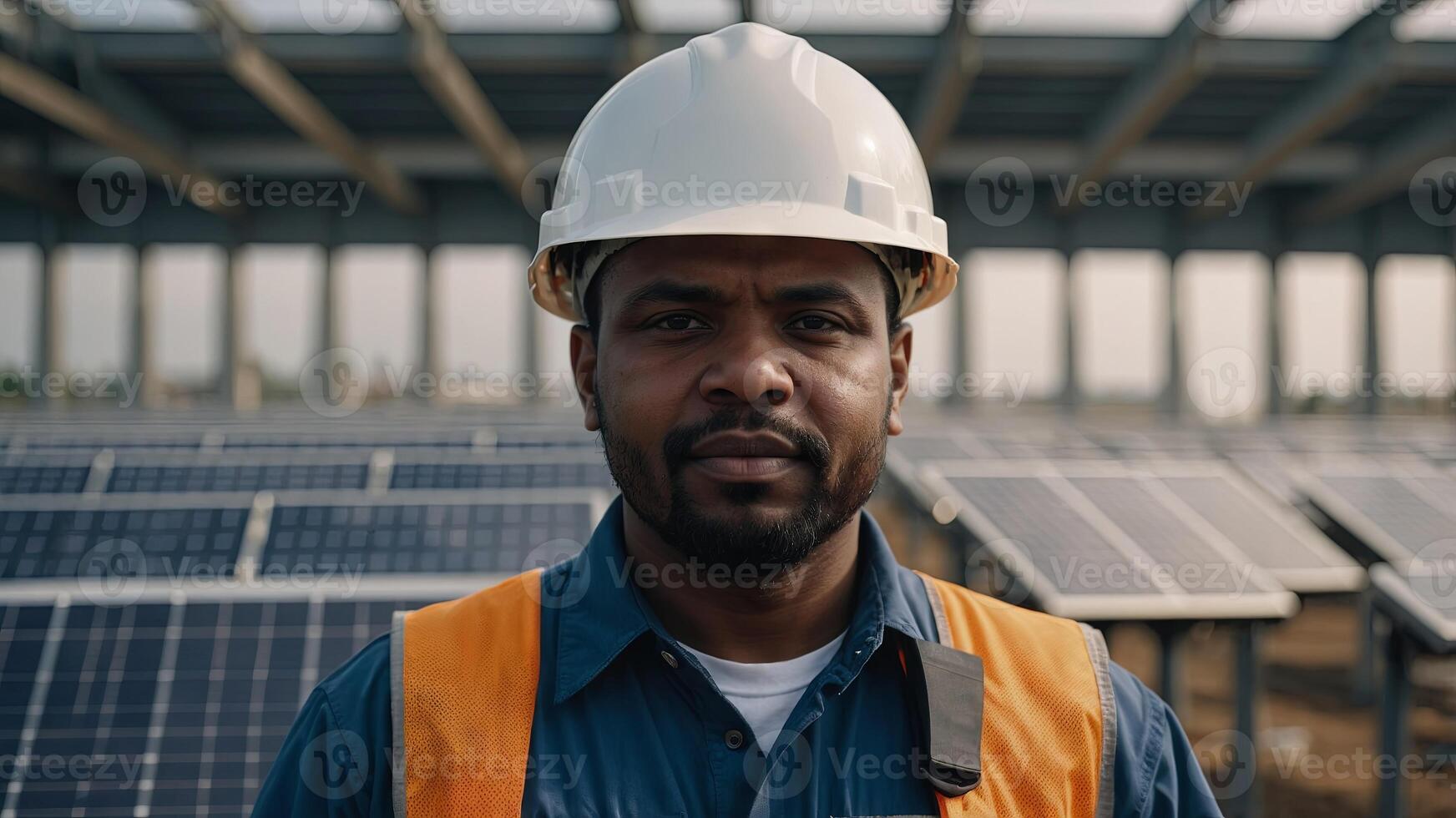 Factory worker wearing a helmet and uniform and posing in front of solar panels. photo