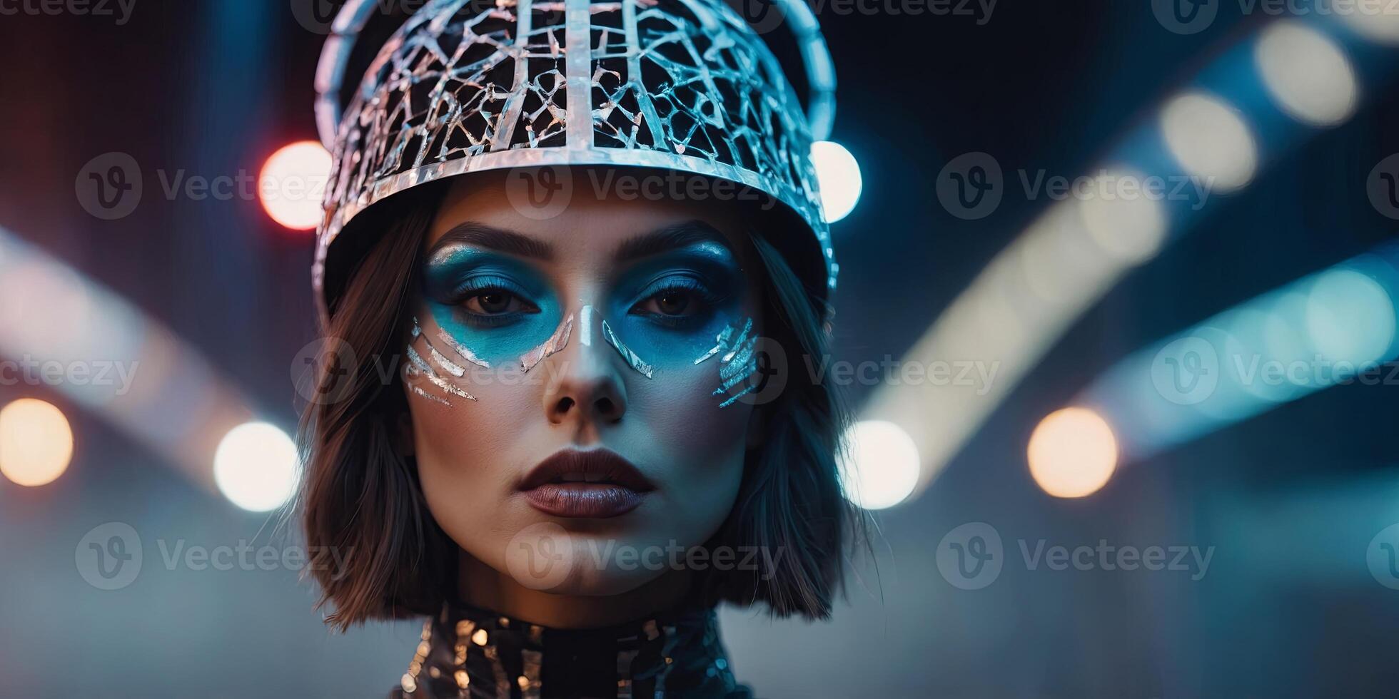 Female model with creative abstract makeup in futuristic hat. photo