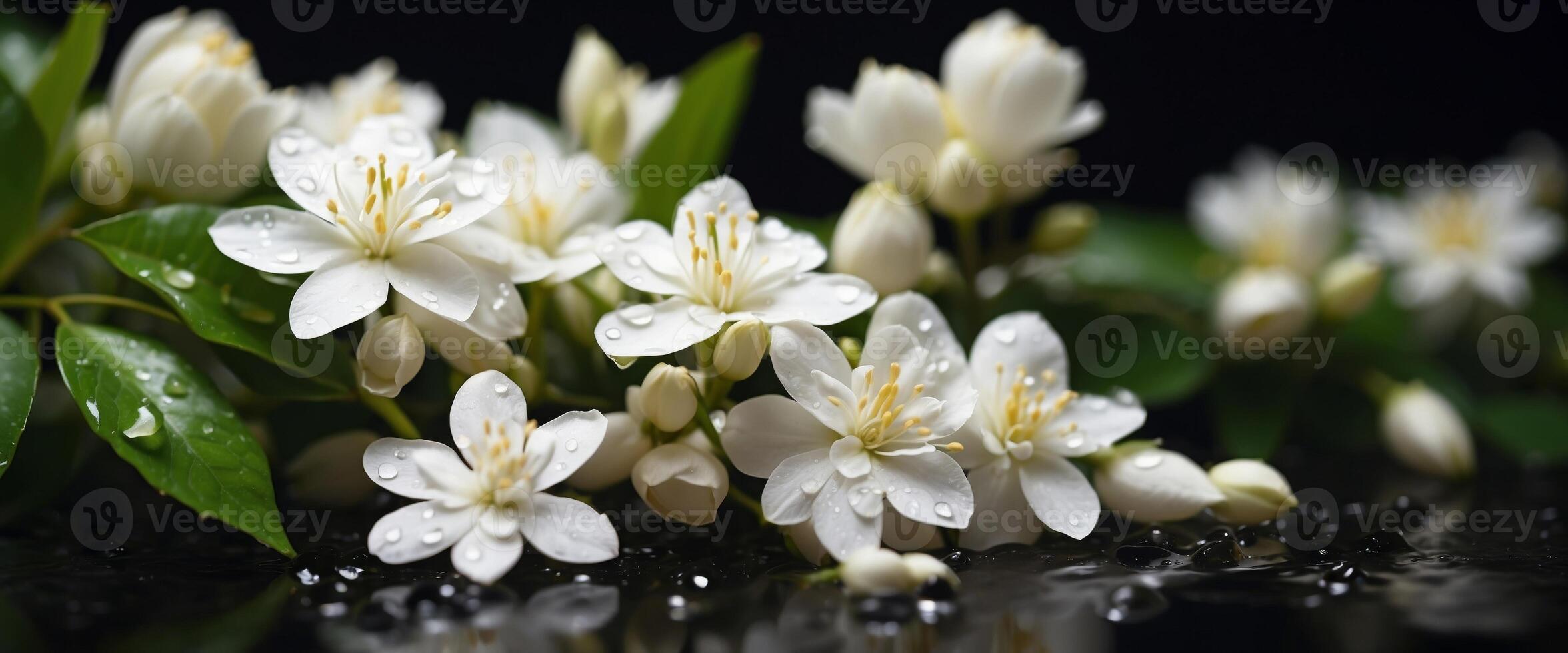 Floral natural background for congratulations White jasmine flowers on a dark background with water drops macro. photo