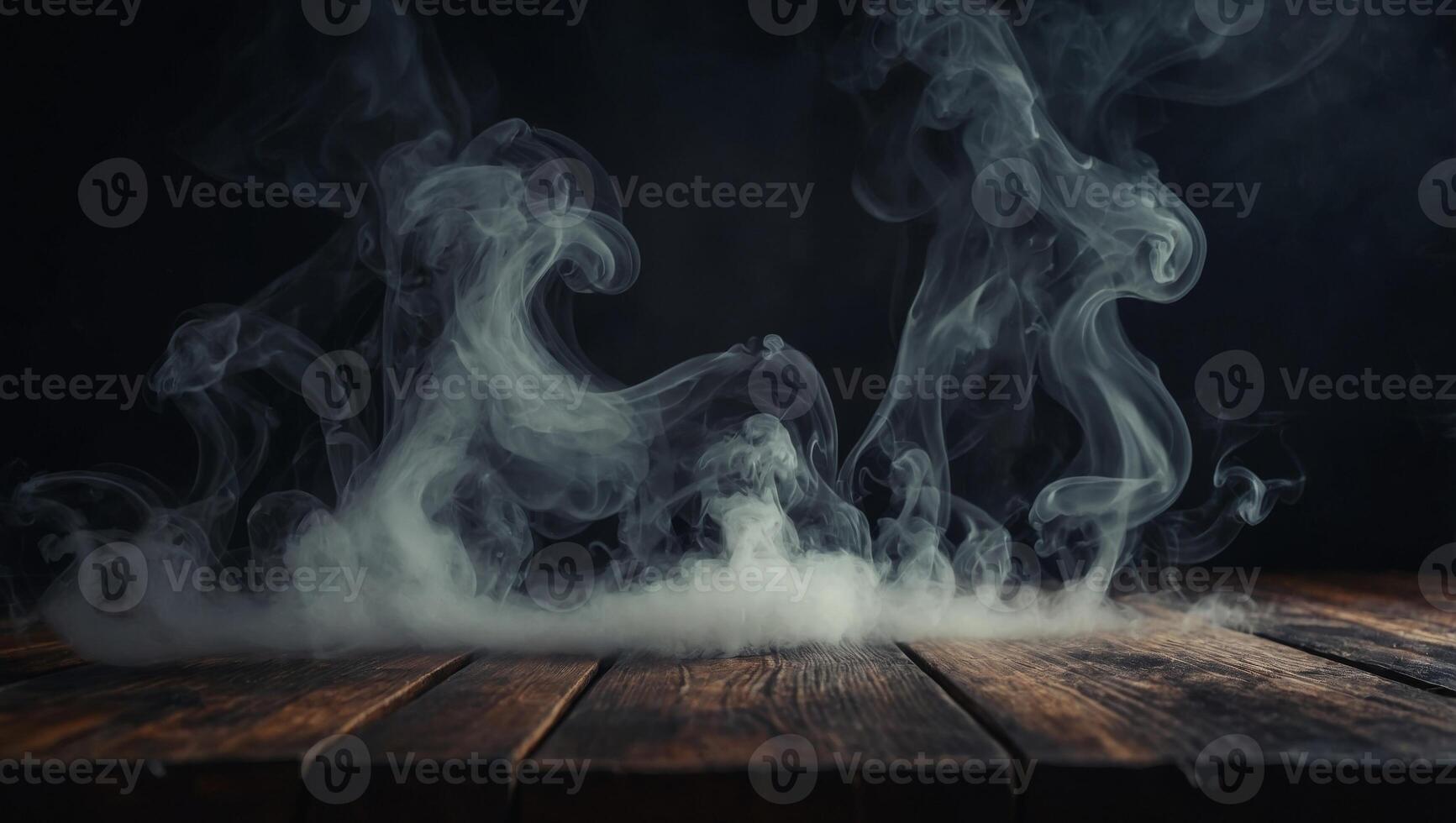 Fog In Darkness - Smoke And Mist On Wooden Table - Abstract And Defocused Halloween Backdrop. photo