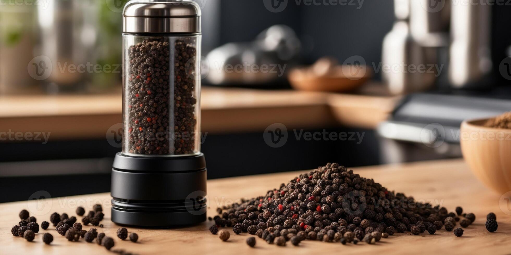 Freshly Ground Black Pepper A Modern Pepper Grinder Elevating the Kitchen Counter with Natural Light and Sleek Design. photo