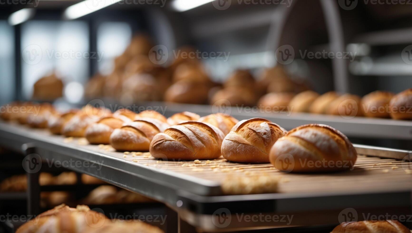 Freshly baked breads on the conveyor belt. photo