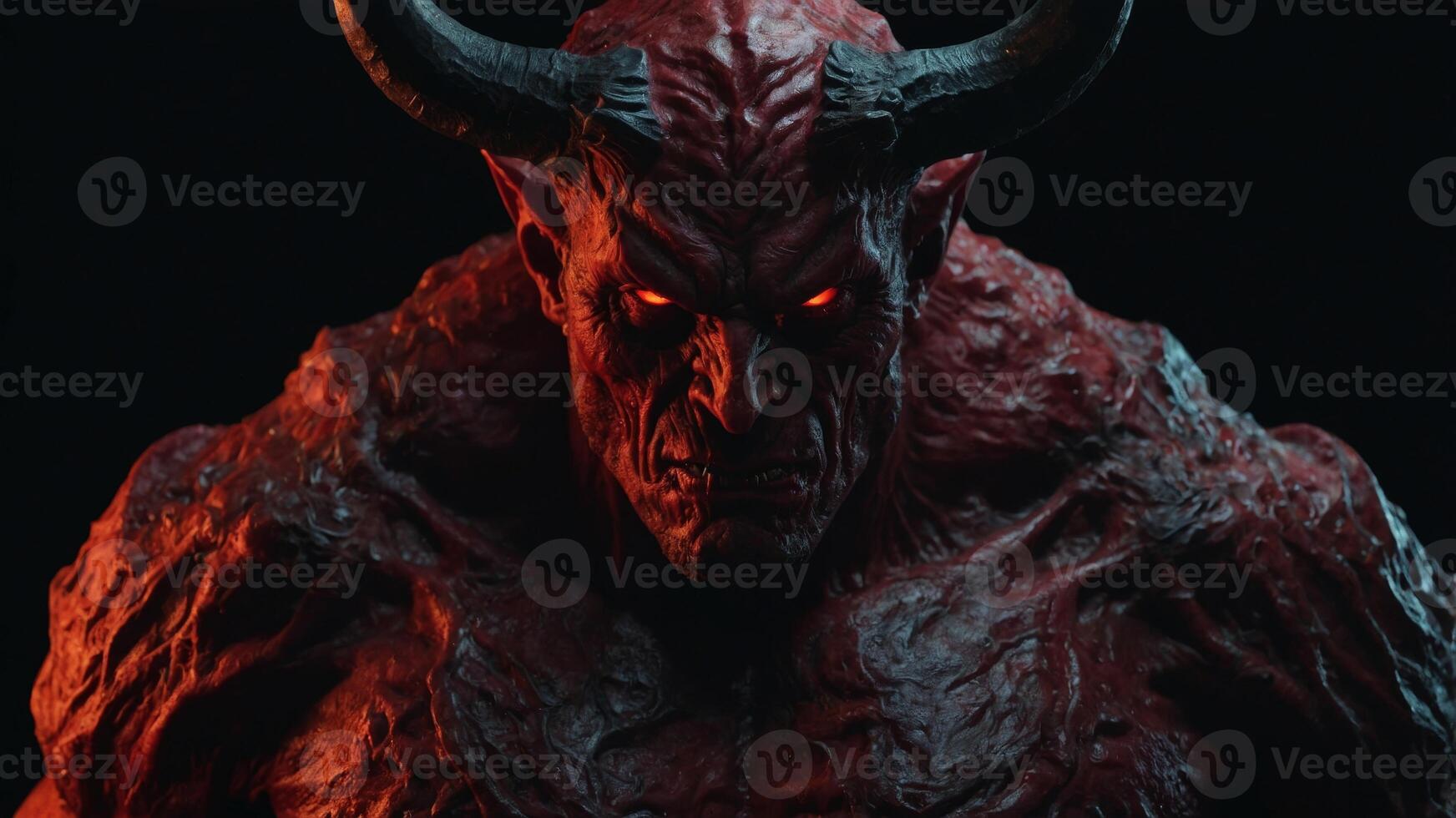 Full view muscular six-pack Curly horns Red devil, demon, Satan, belzebu Black background Sharp horns Halloween concept Hell, evil, bad. photo