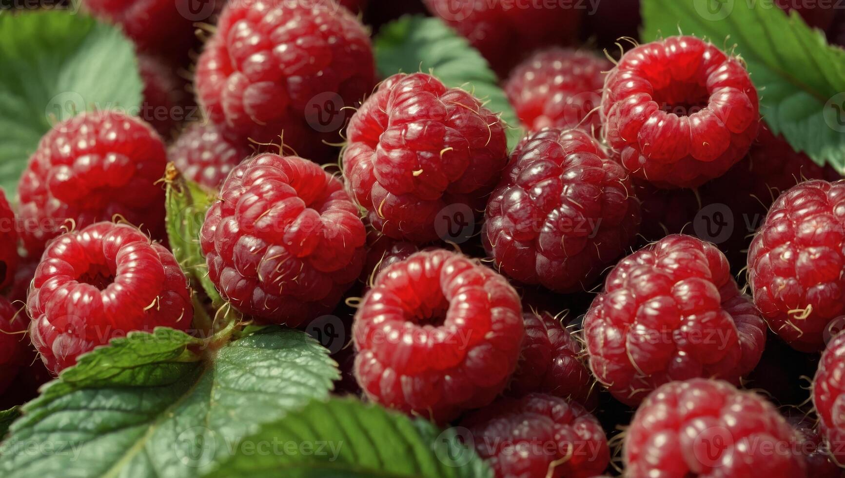 Full frame closeup of fresh ripe red healthy raspberries in pile on stall. photo