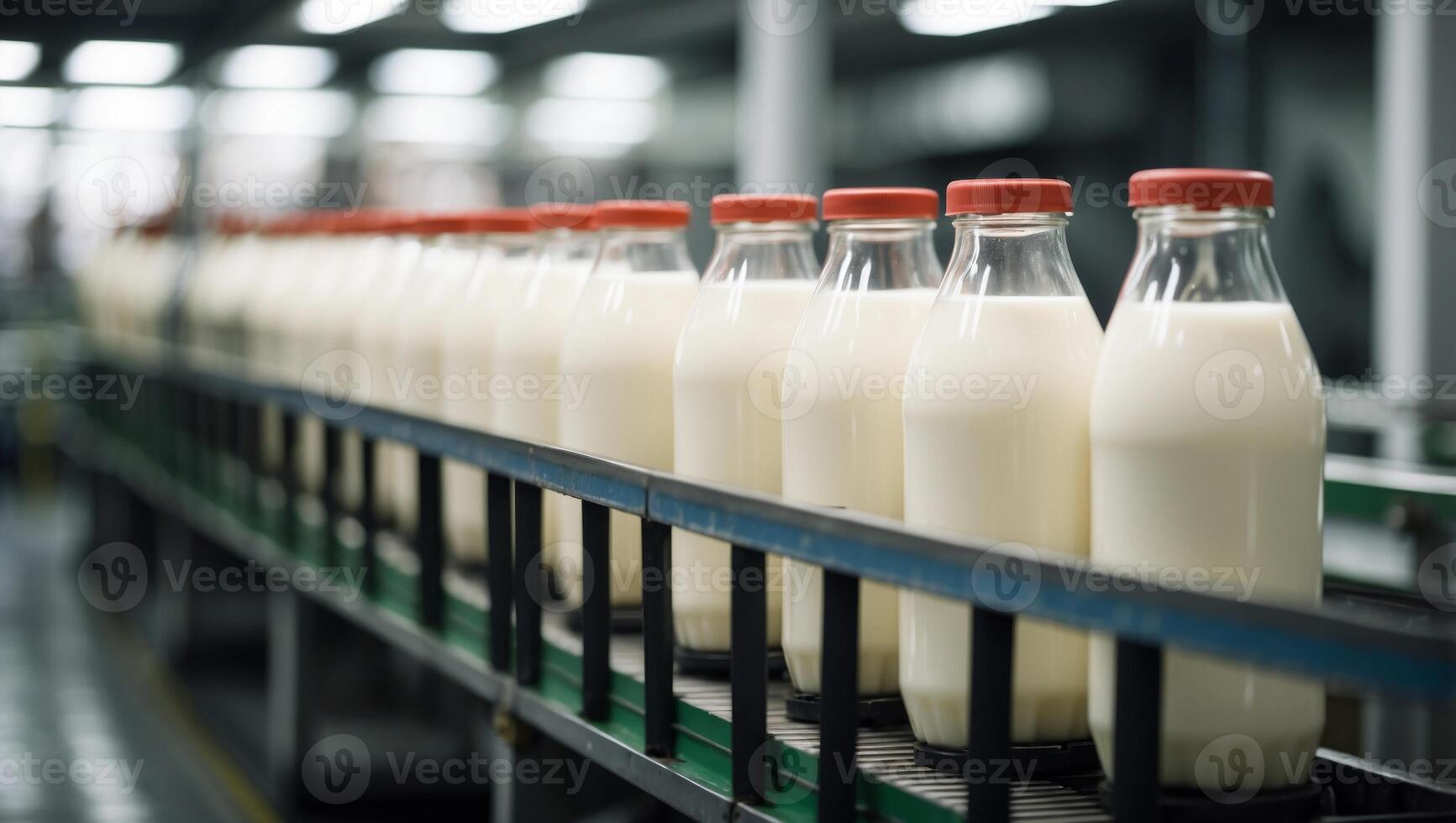 Full milk bottles on a conveyor belt in a factory. photo