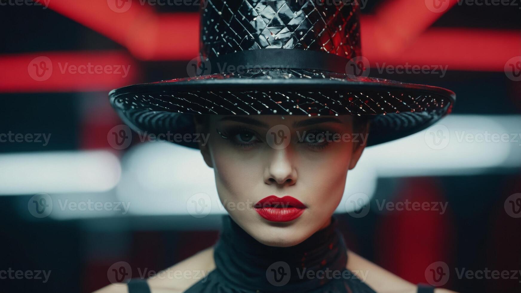 Futuristic hat design above a face with expressive red lips-7. photo