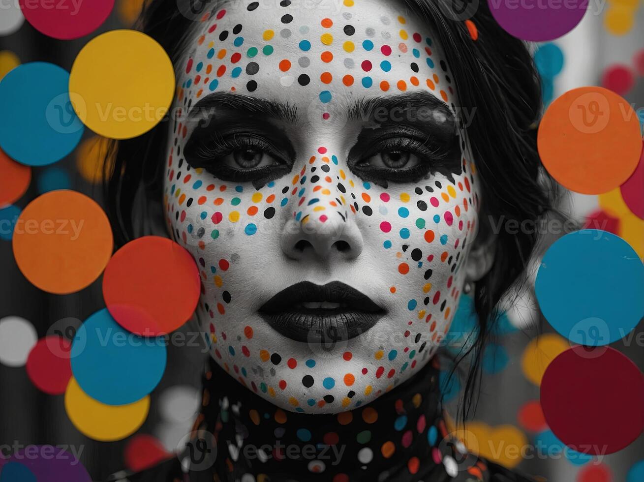 Gennerative - A woman with a black and white face is surrounded by colorful circles. photo