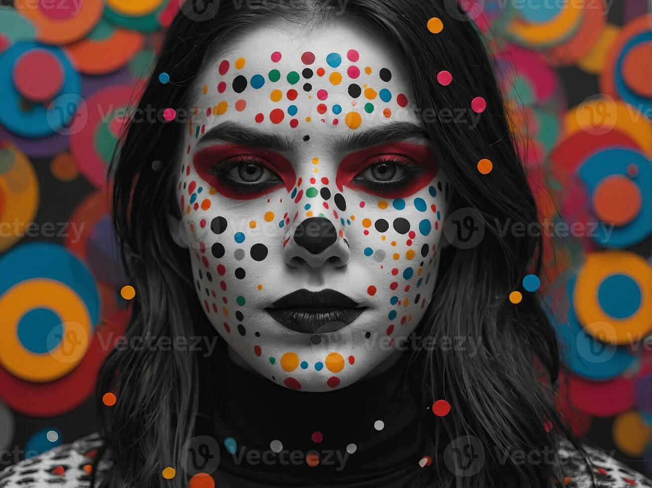 Gennerative - A woman with a black and white face is surrounded by colorful circles. photo