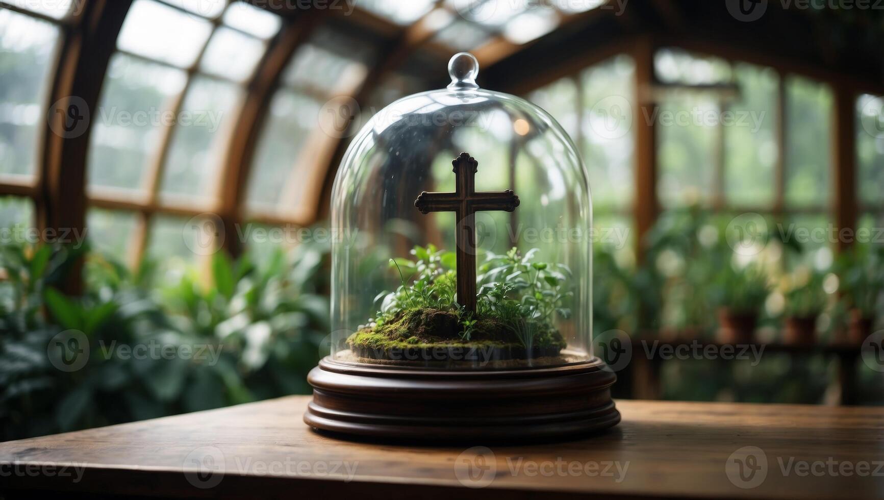 Glass dome with a cross inside on a wooden table in a greenhouse. photo