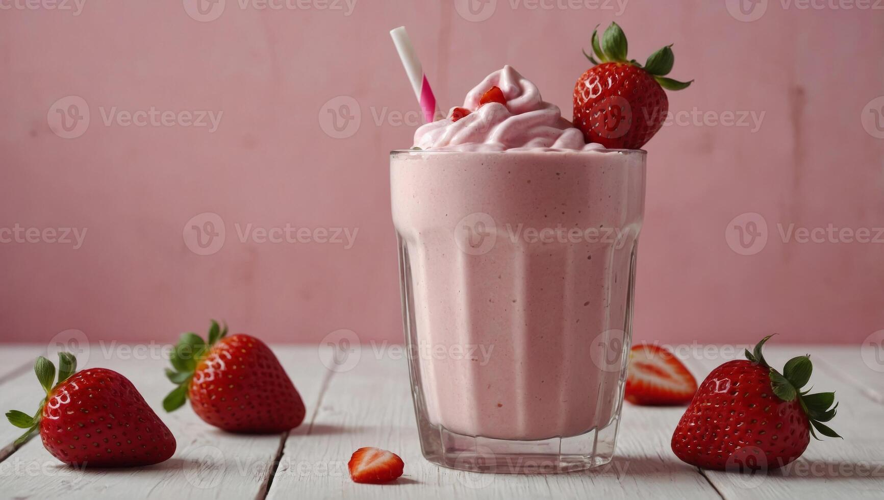 Glass of fresh strawberry milkshake, smoothie and fresh strawberries on pink, white and wooden background Healthy food and drink concept. photo