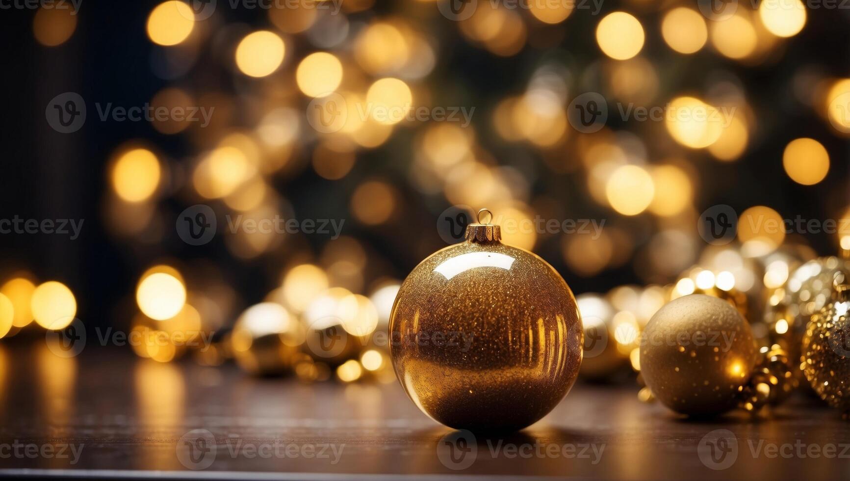 Golden christmas ball on tablepot on blurred bokeh lights background. photo