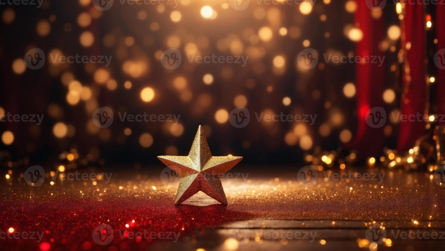 Golden star and glitter light on the red stage, award ceremony concept background. photo