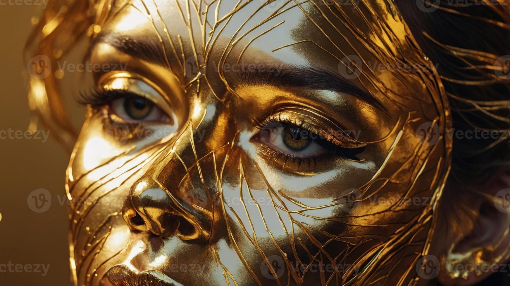 Golden face Art work of a Woman, golden line art. photo
