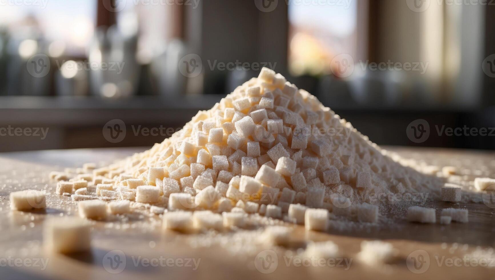 Granulated Sugar on a Modern Kitchen Counter Basking in Natural Sunlight. photo
