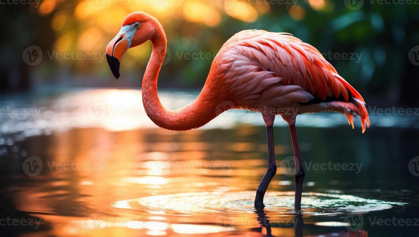 Graceful Flamingo Silhouette Radiating Vibrant Tropical Hues in Watery Reflections. photo