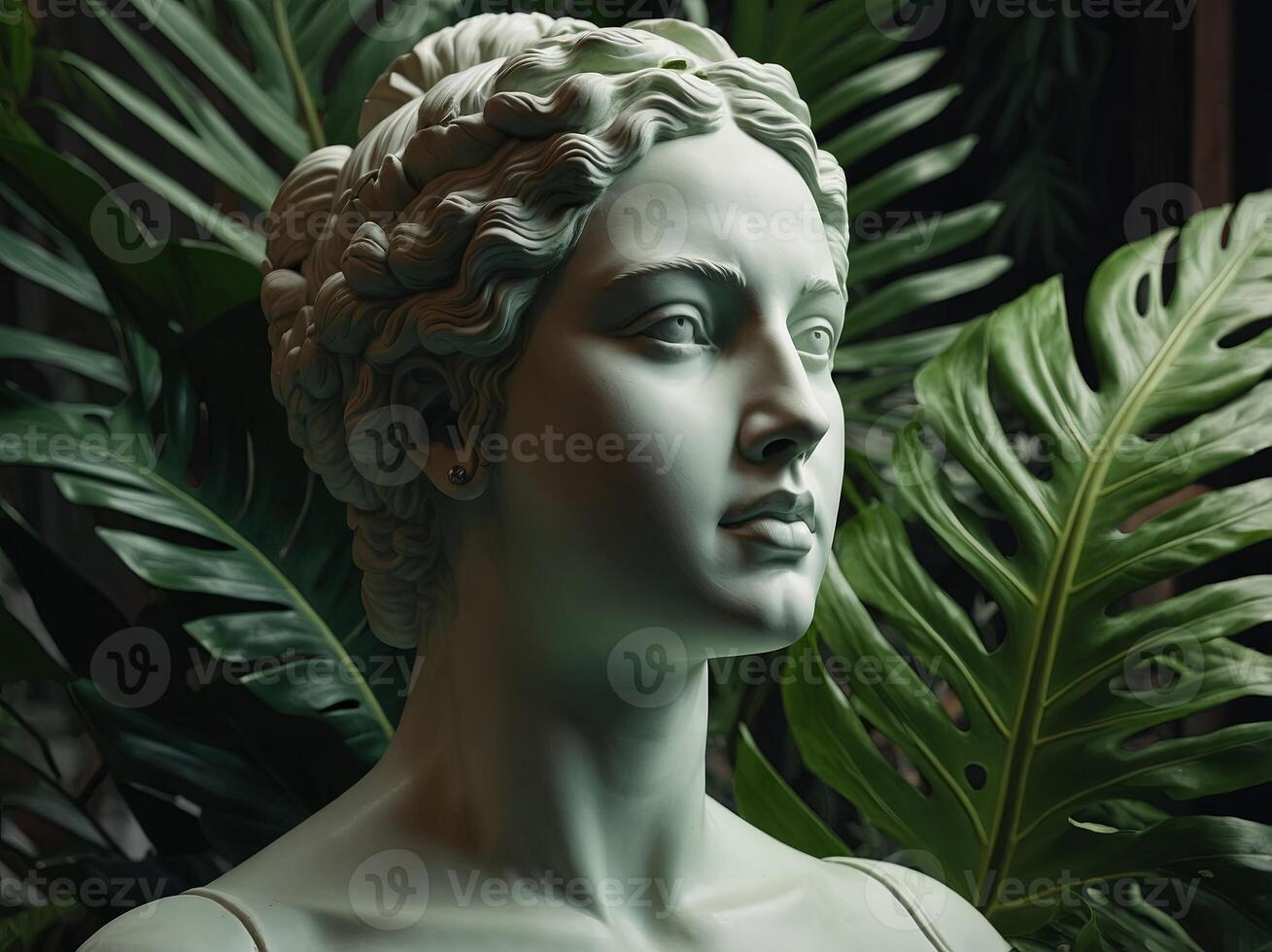 Greek goddess bust with green Monstera leaf. photo