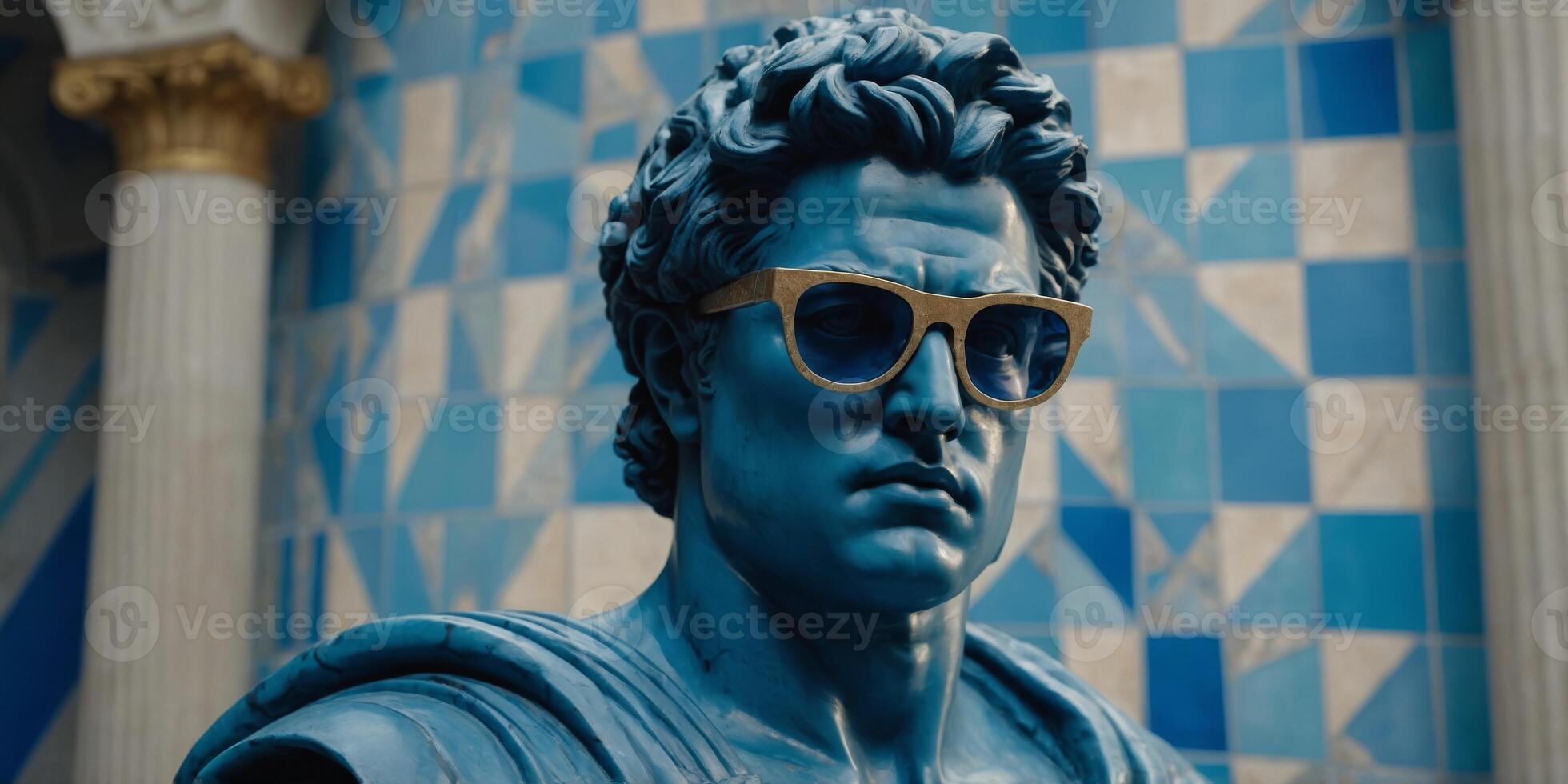 Greek sculpture of Apollo wearing blue glasses on an abstract geometric background. photo