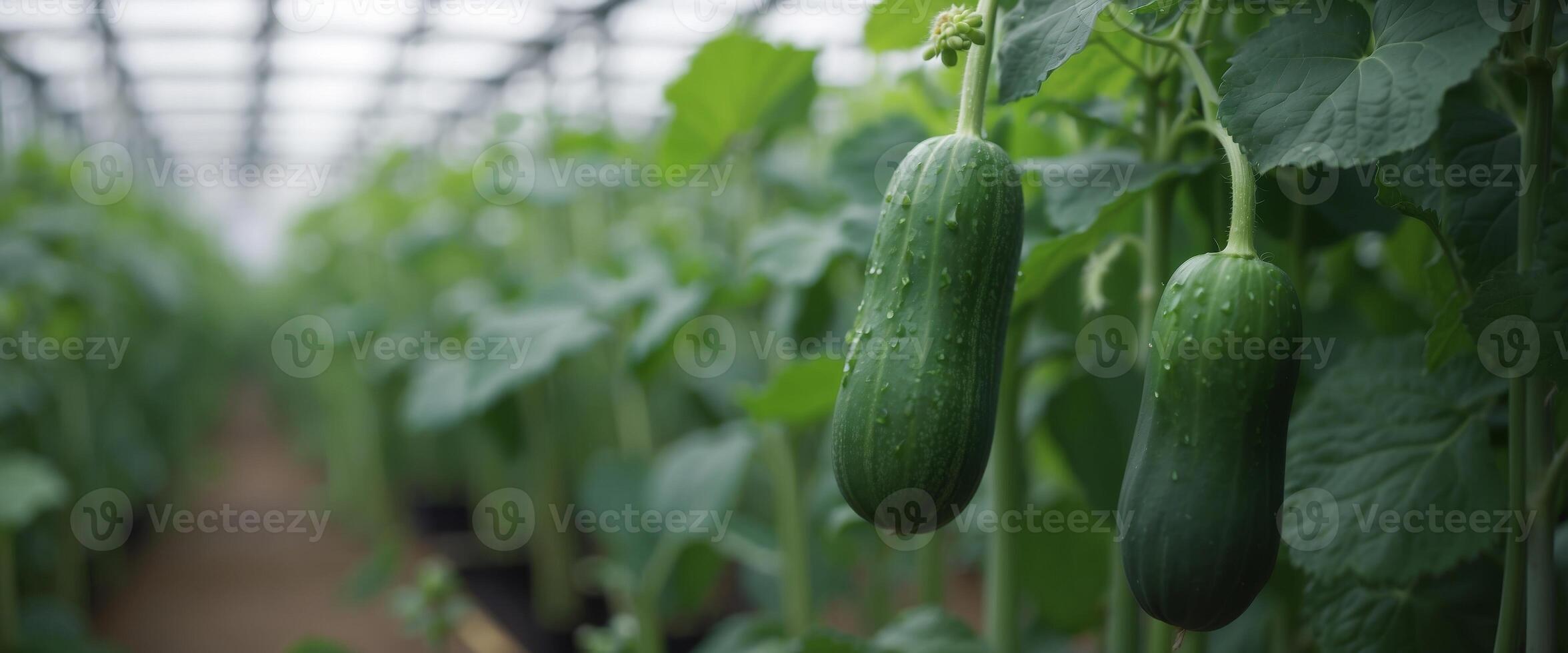 Green fresh lush beautiful foliage of a cucumber plant in a greenhouse A cucumber plant with young juicy green leaves tied up in a greenhouse. photo