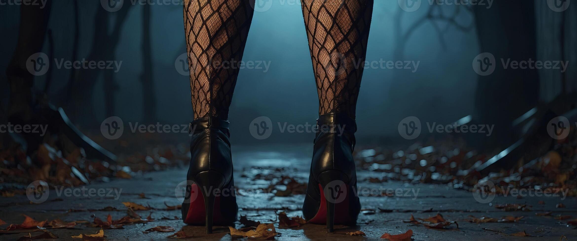Halloween sexy female legs in fishnet tights and shoes. photo