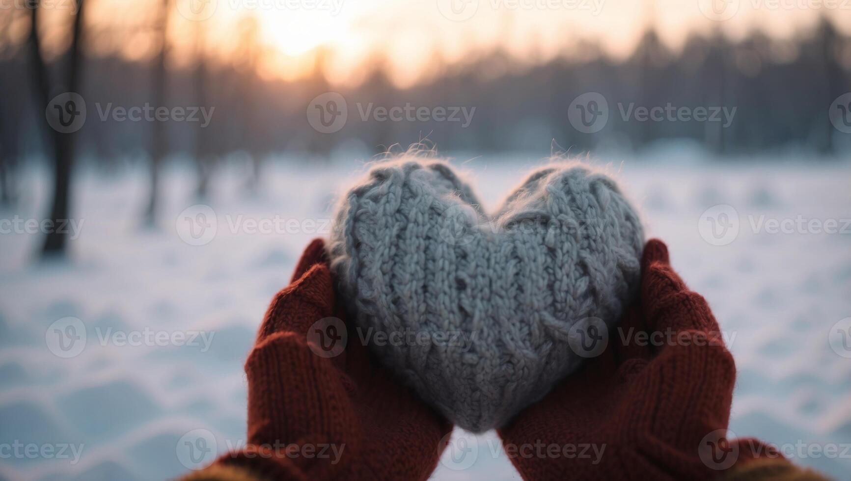 Hands in gloves holding heart shape knitted object on a blurred winter landscape background with trees. photo