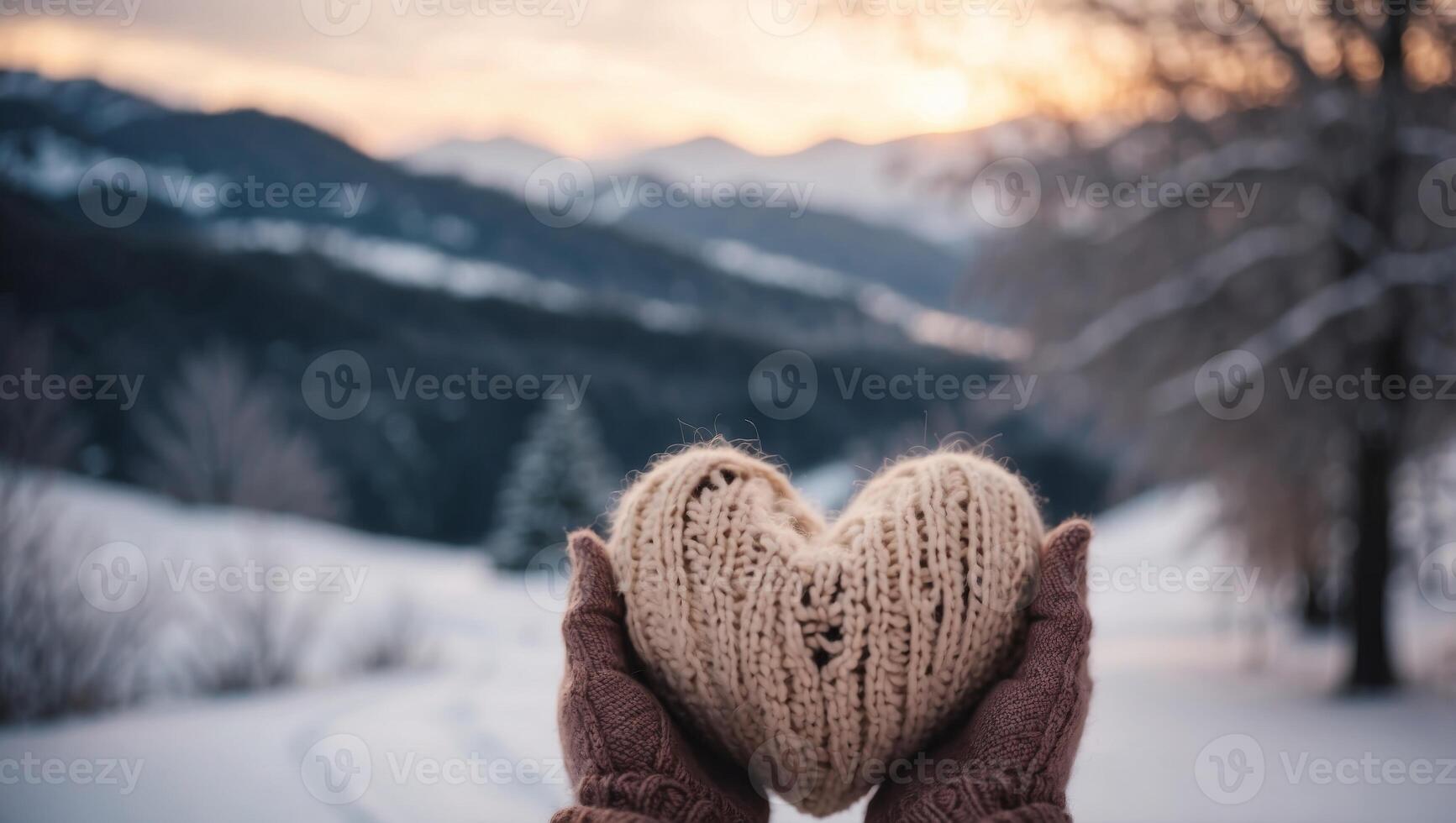 Hands in gloves holding heart shape knitted object on a blurred winter landscape background with trees. photo