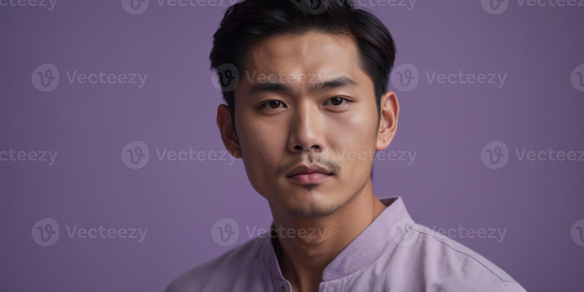 Handsome Asian Man s Flawless Complexion for Cosmetic Advertising on Lilac Background. photo