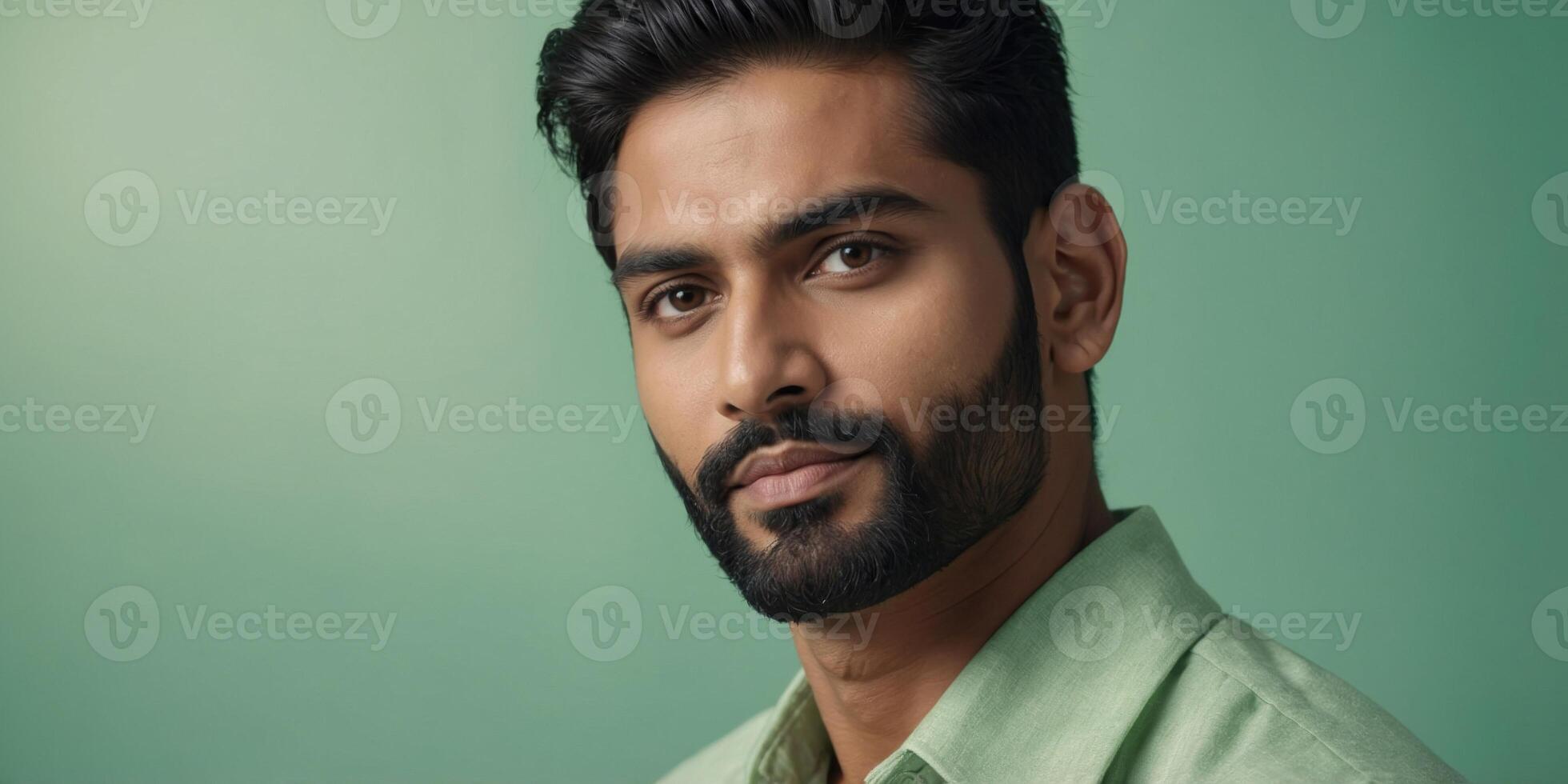 Handsome Indian Man s Face in Softcream Cosmetics Advertising Banner with Mint Green Background. photo